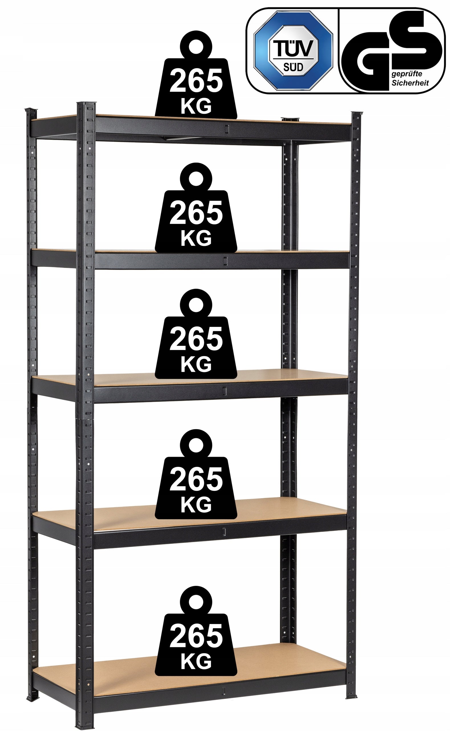 STORAGE RACK METAL CERTIFICATE 5x265kg BLACK 180X90X45 3in1 Packaging status original