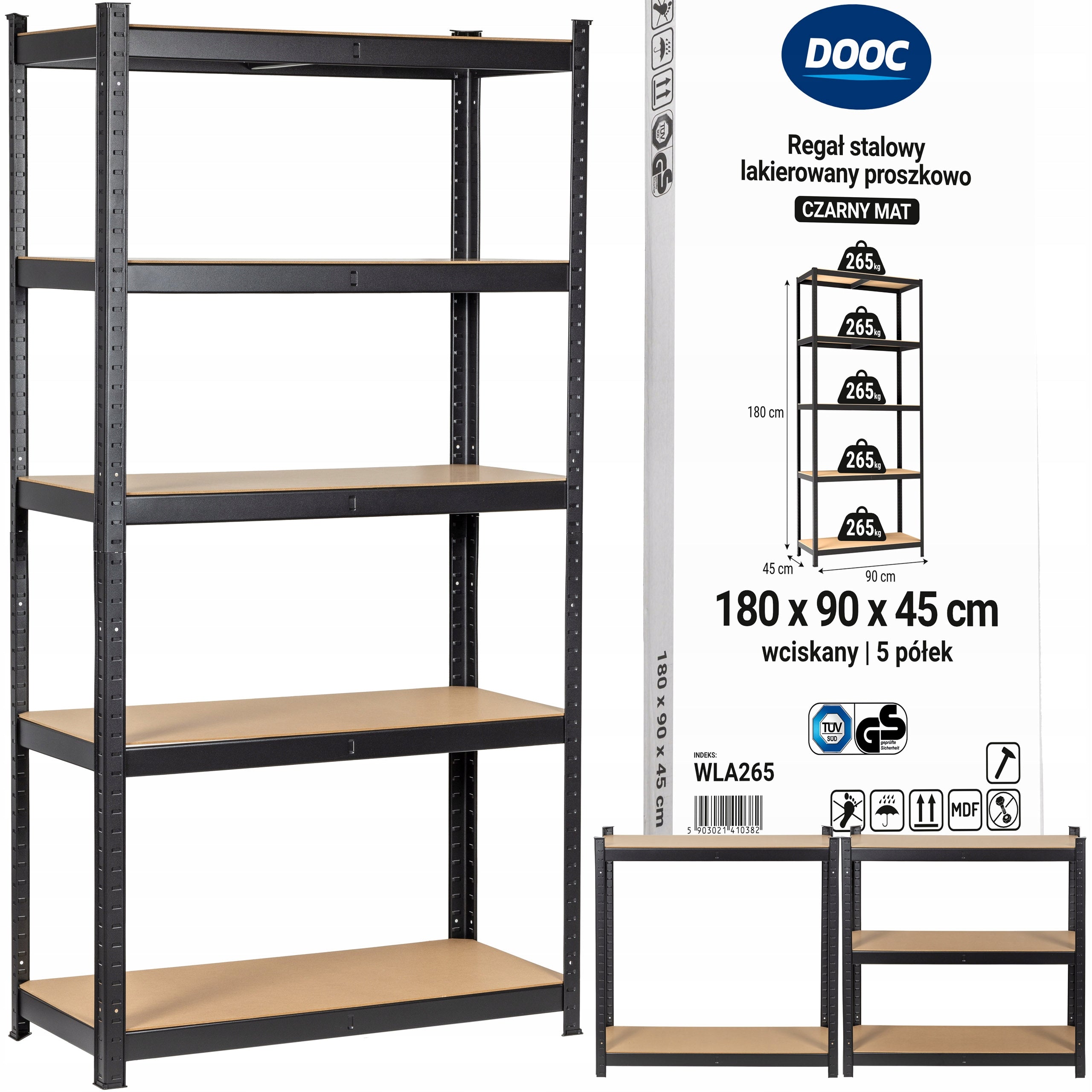 STORAGE RACK METAL CERTIFICATE 5x265kg BLACK 180X90X45 3in1
