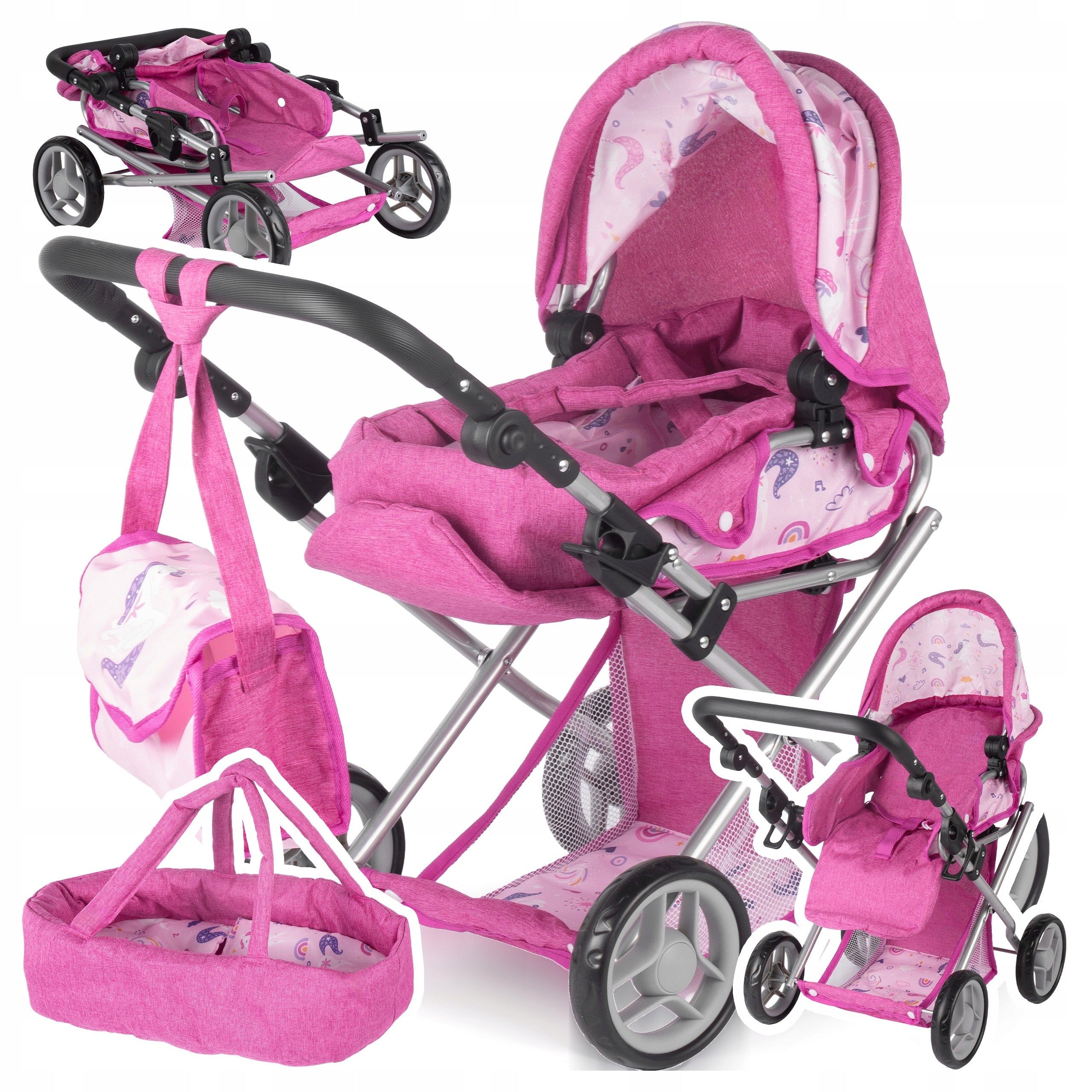 STROLLER 3in1 FOR DOLLS GONDOLA STROLLER CARRIER ACCESSORIES BASKET ADJUSTABLE