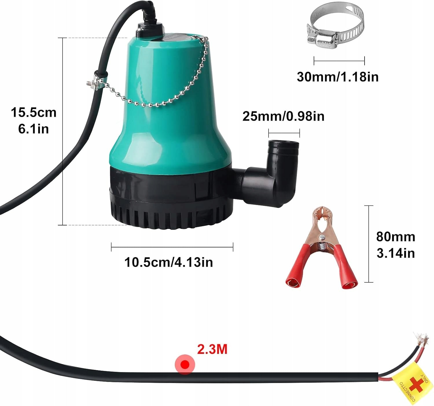 SUBMERSIBLE PUMP FOR DIRTY WATER DC 12 V, 50 W, 4200 l/h, SUBMERSIBLE PUMP Manufacturer code pompa wodna, przewód 2,3 m z zaciskiem