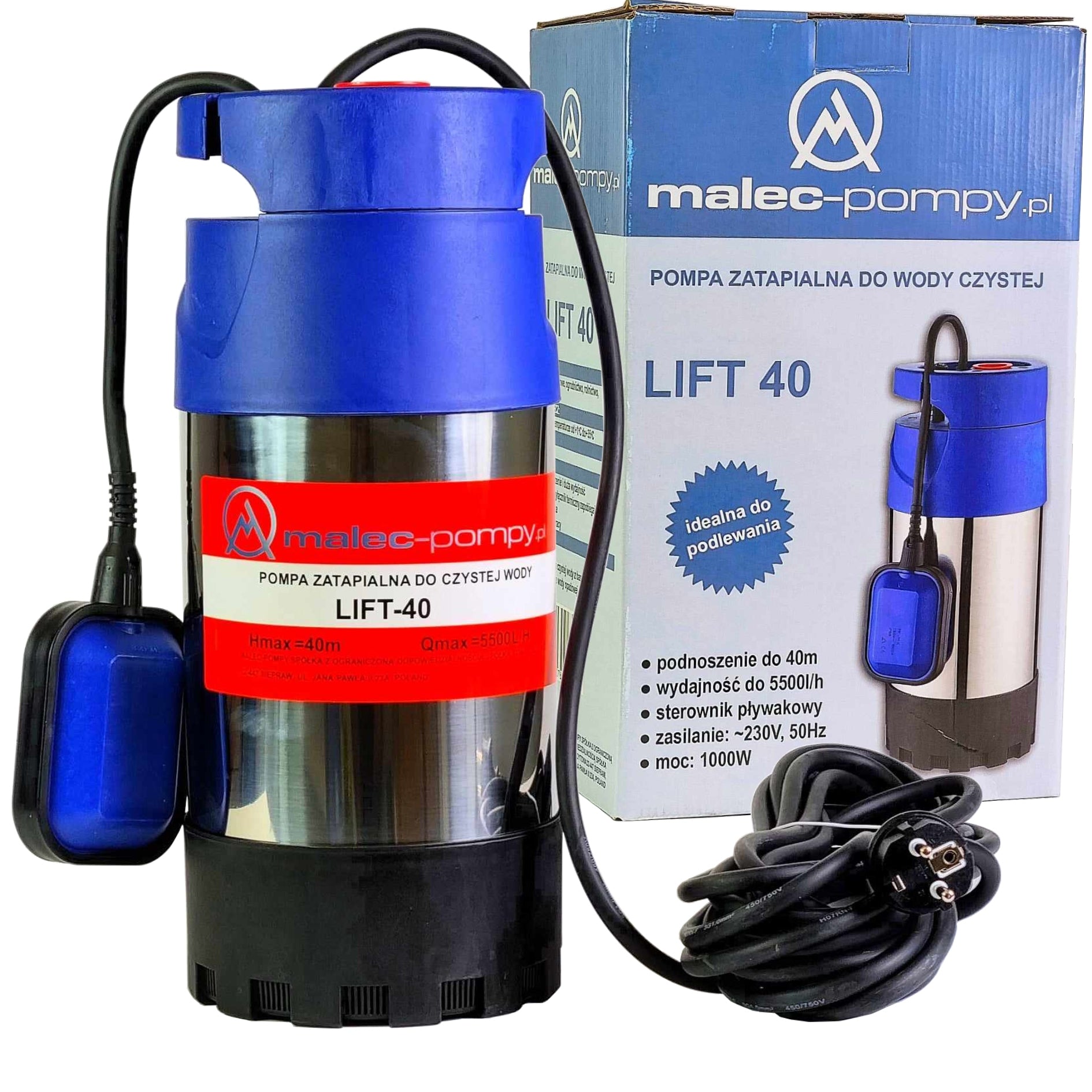 SUBMERSIBLE PUMP LIFT 40 FOR CLEAN WATER 1000W WITH FLOAT 4ROTORS 5500L/H Engine power 1000 W