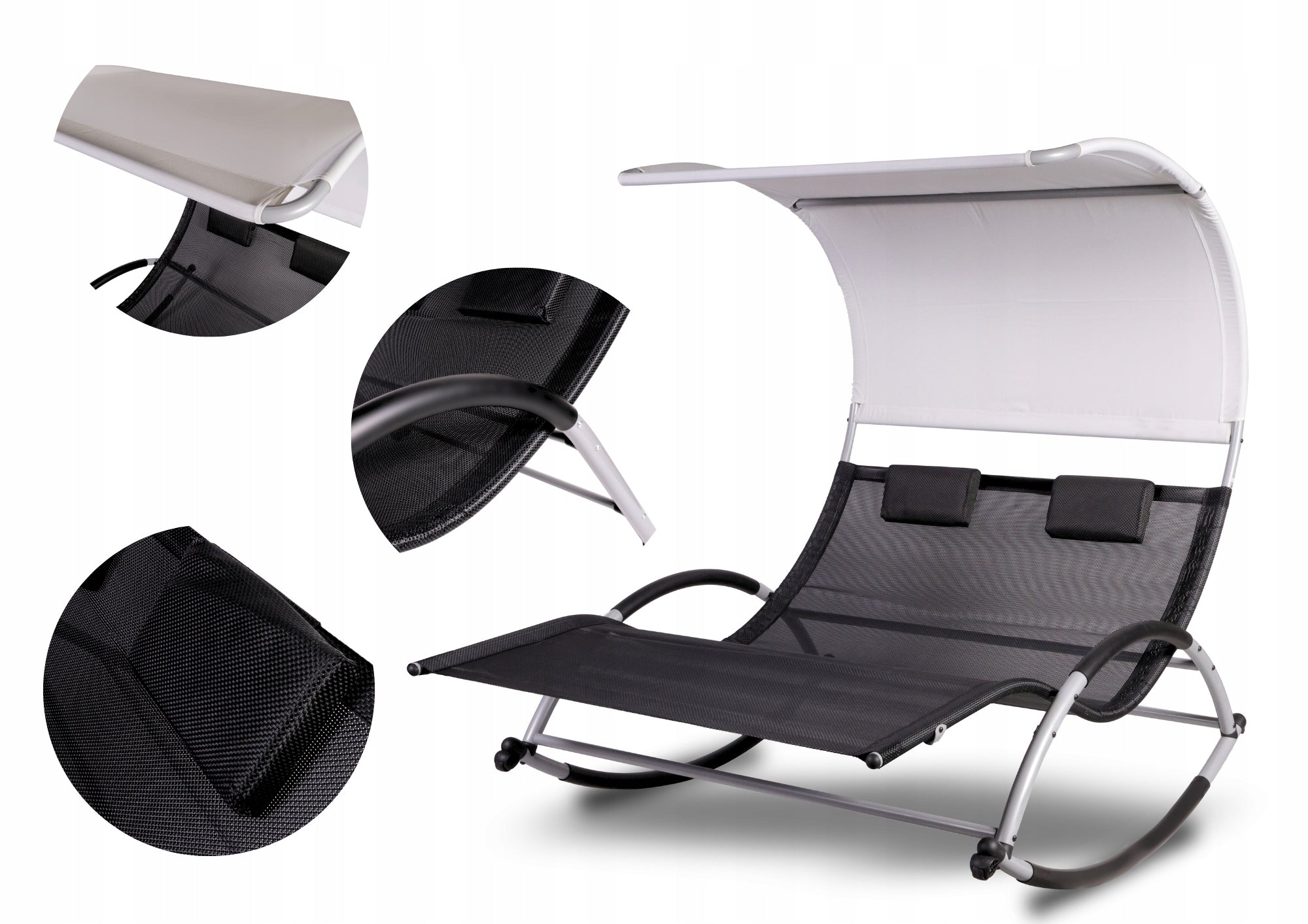 SUN LOUNGER 2 PERSON ROCKING CHAIR FIELD BED WITH VISOR