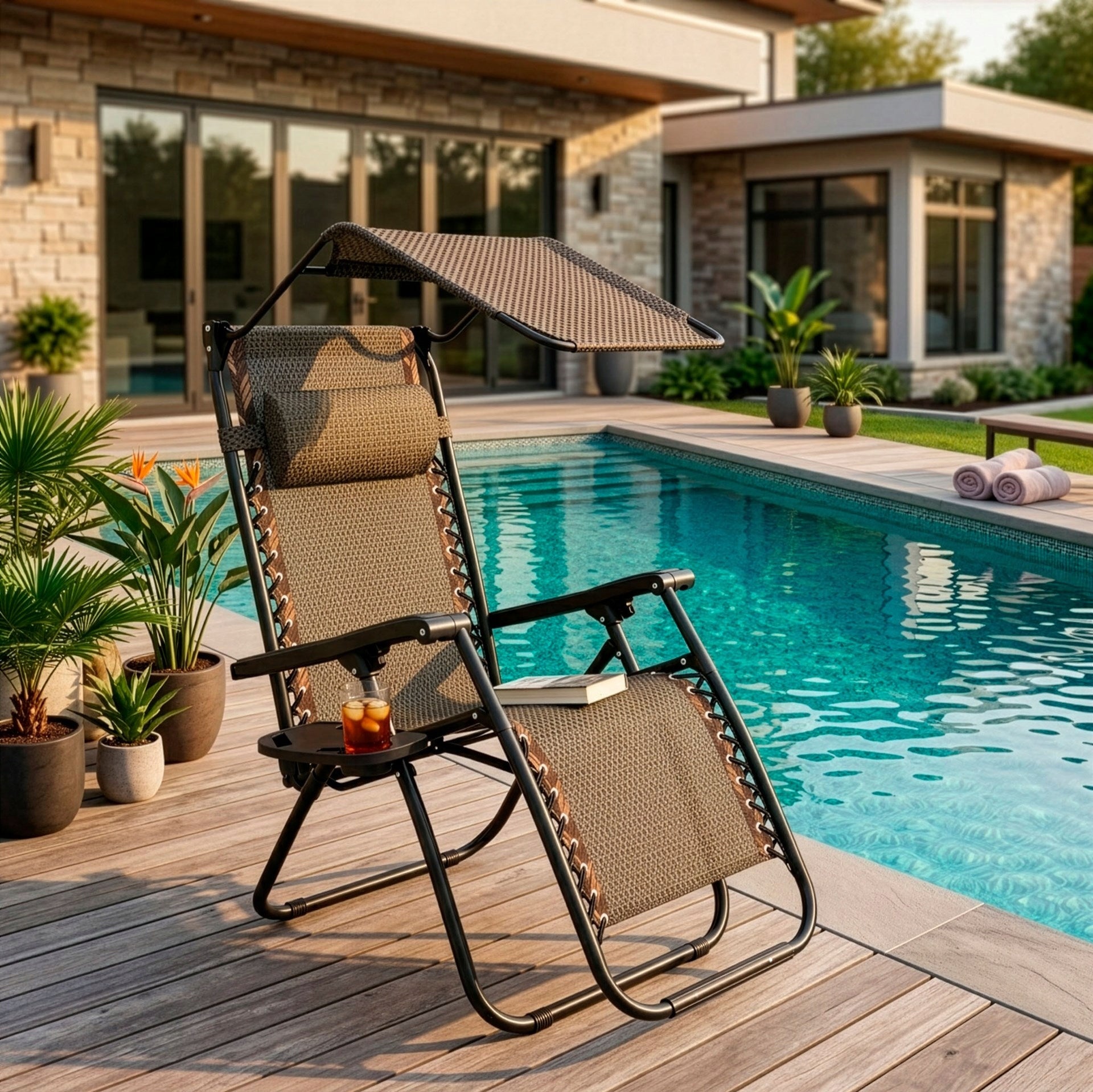 SUN LOUNGER BEACH CHAIR FOLDING ZERO GRAVITY TOURIST WITH VISOR Packaging status original