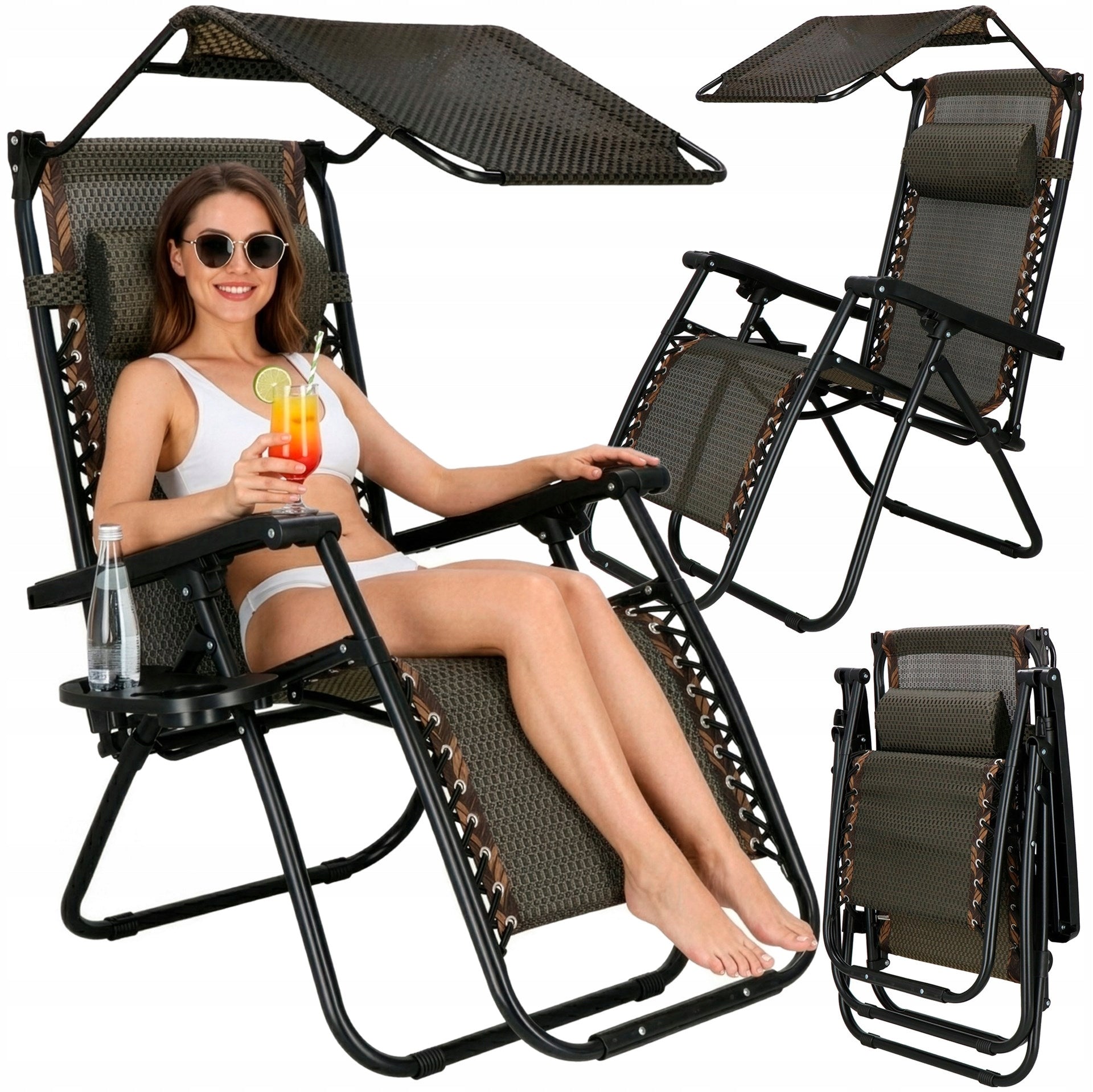SUN LOUNGER BEACH CHAIR FOLDING ZERO GRAVITY TOURIST WITH VISOR