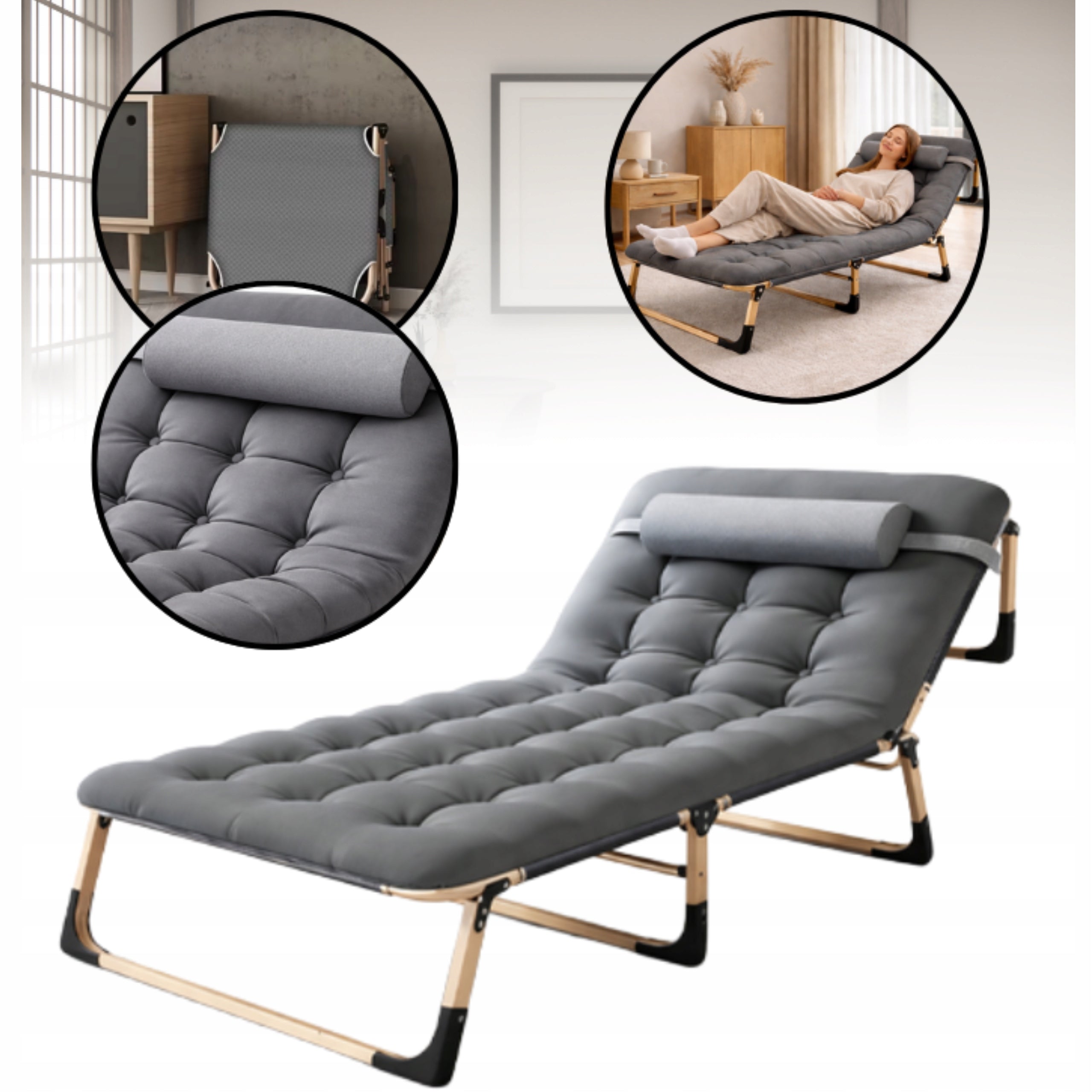 SUN LOUNGER BEACH TOURIST BED WITH MATTRESS CUSHION GREY 180CM Manufacturer code składany wypoczynkowe dla dziecka i do spania