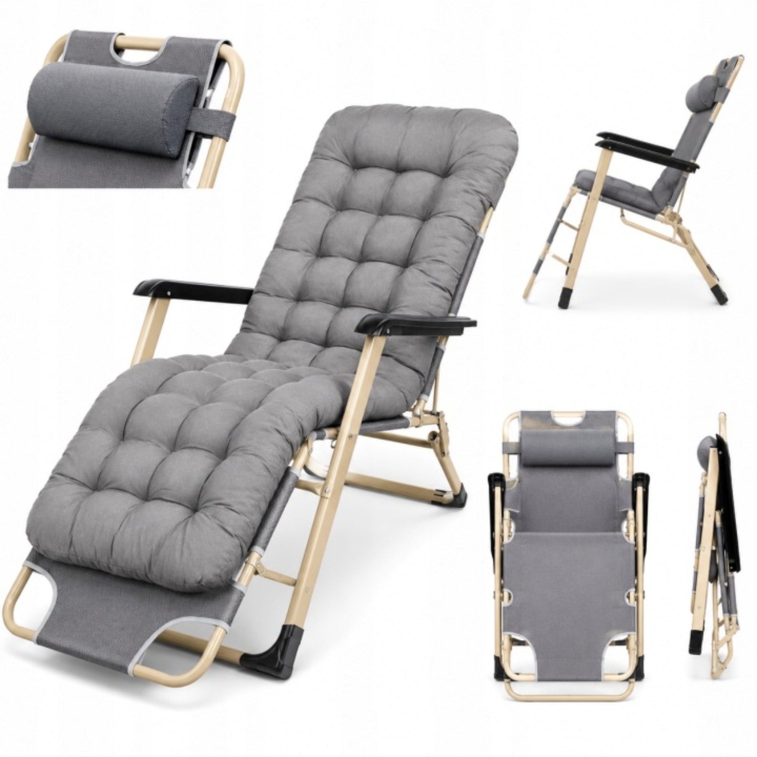 SUN LOUNGER BEACH TOURIST BED WITH MATTRESS CUSHION GREY 180CM Packaging status original