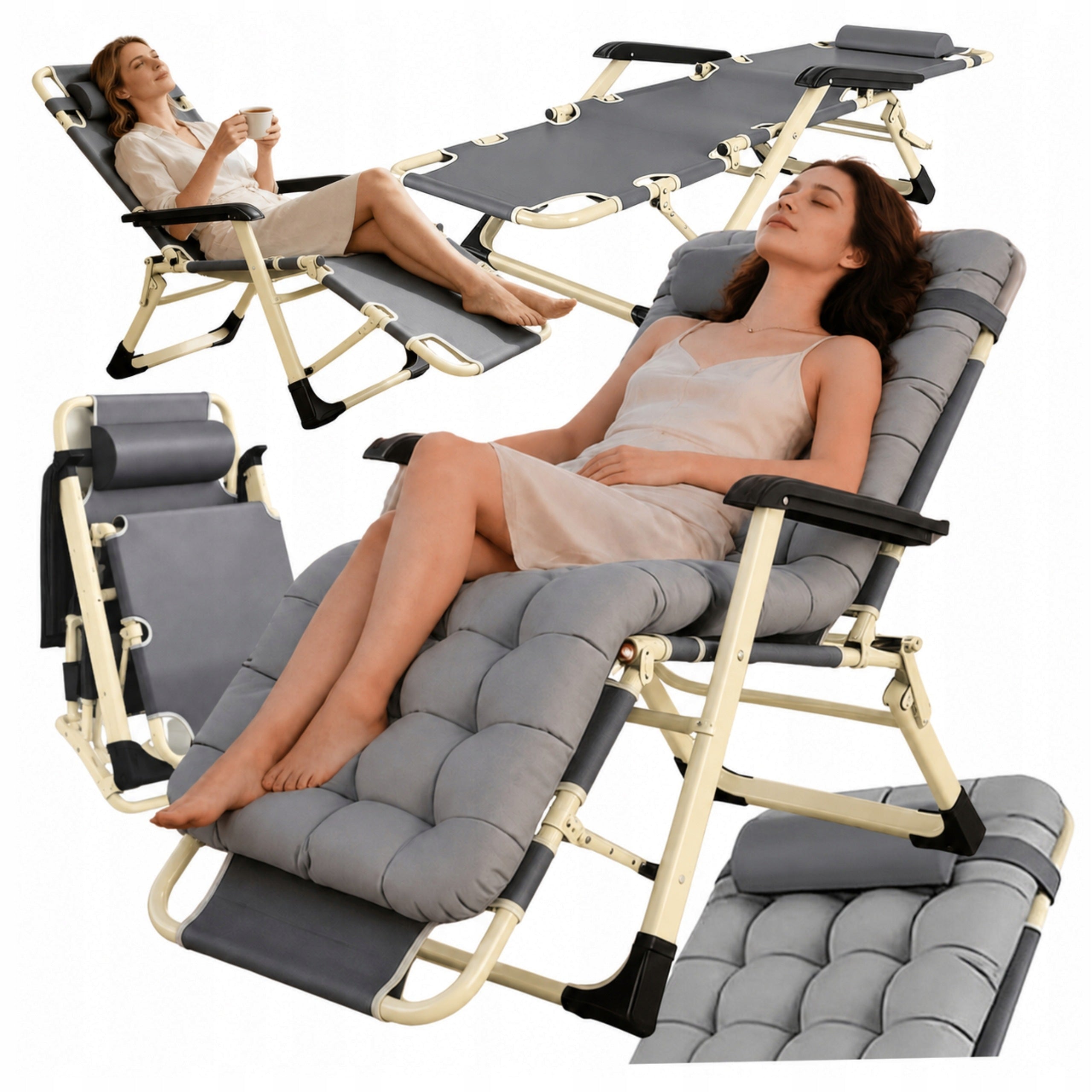 SUN LOUNGER BEACH TOURIST BED WITH MATTRESS CUSHION GREY 180CM