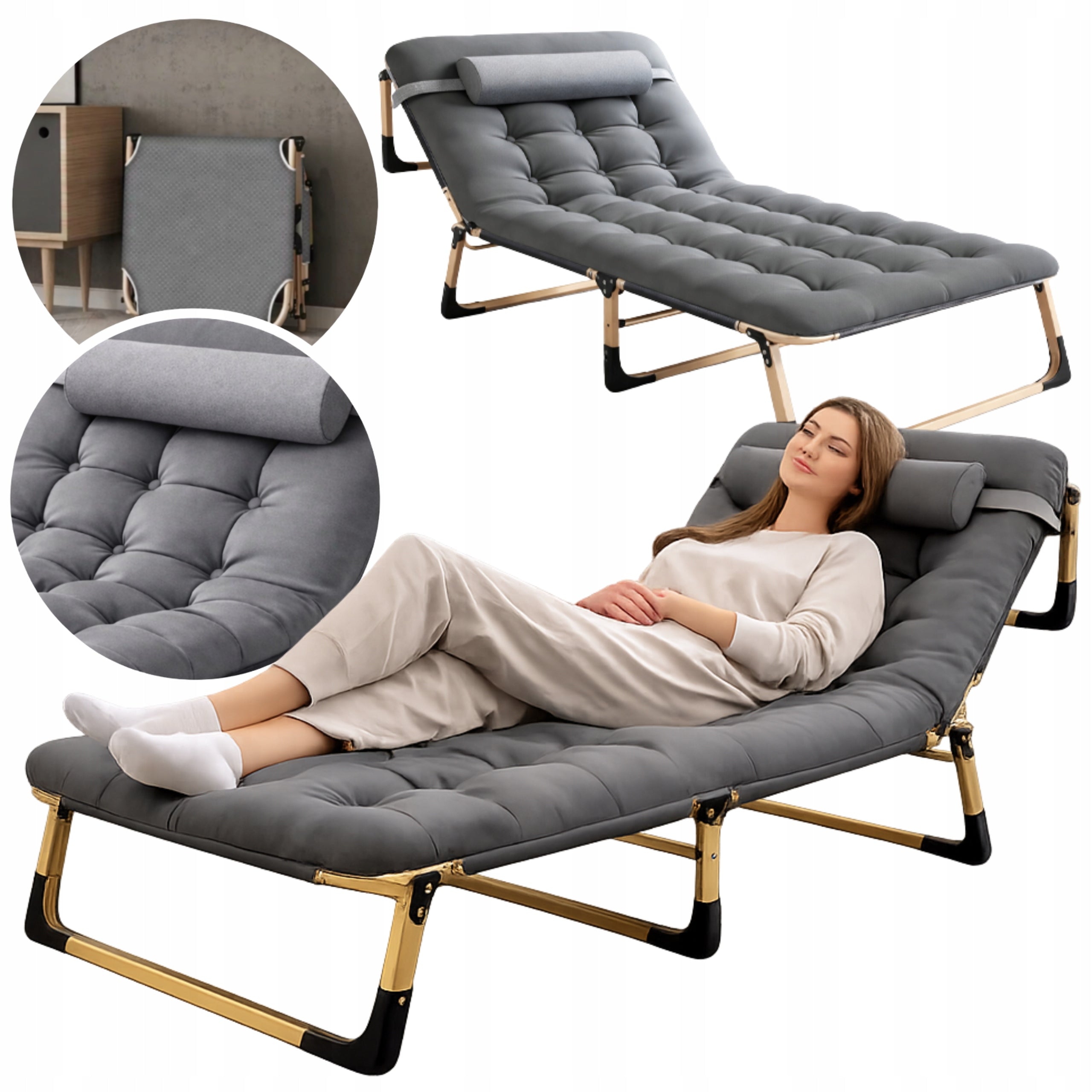 SUN LOUNGER BEACH TOURIST BED WITH MATTRESS CUSHION GREY 180CM