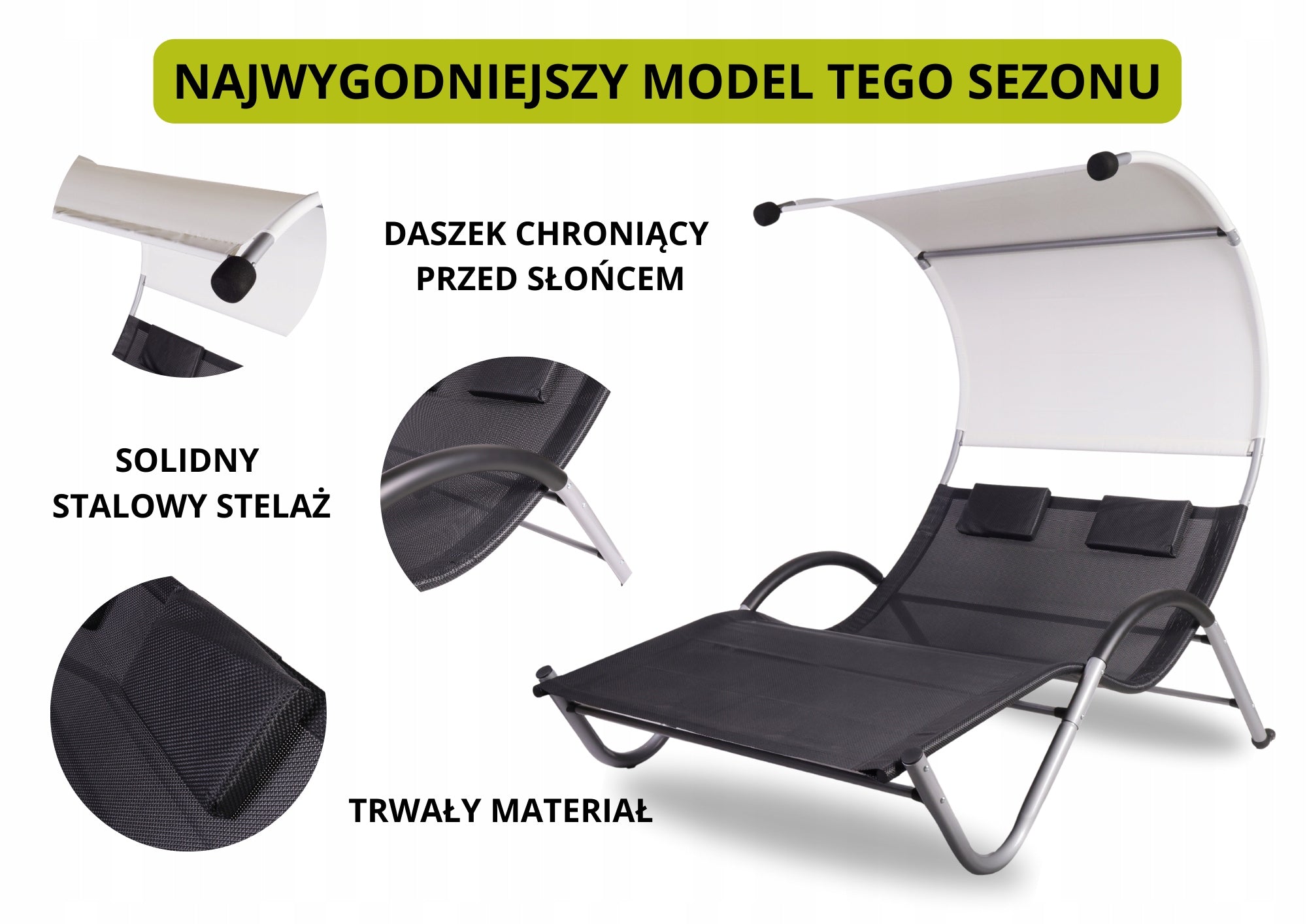 SUN LOUNGER DOUBLE GARDEN FIELD BED WITH VISOR Color black