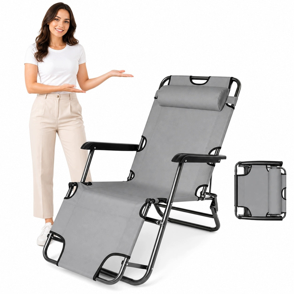 SUN LOUNGER FOLDING BEACH CHAIR GREY FOR GARDEN LIGHT COUCH
