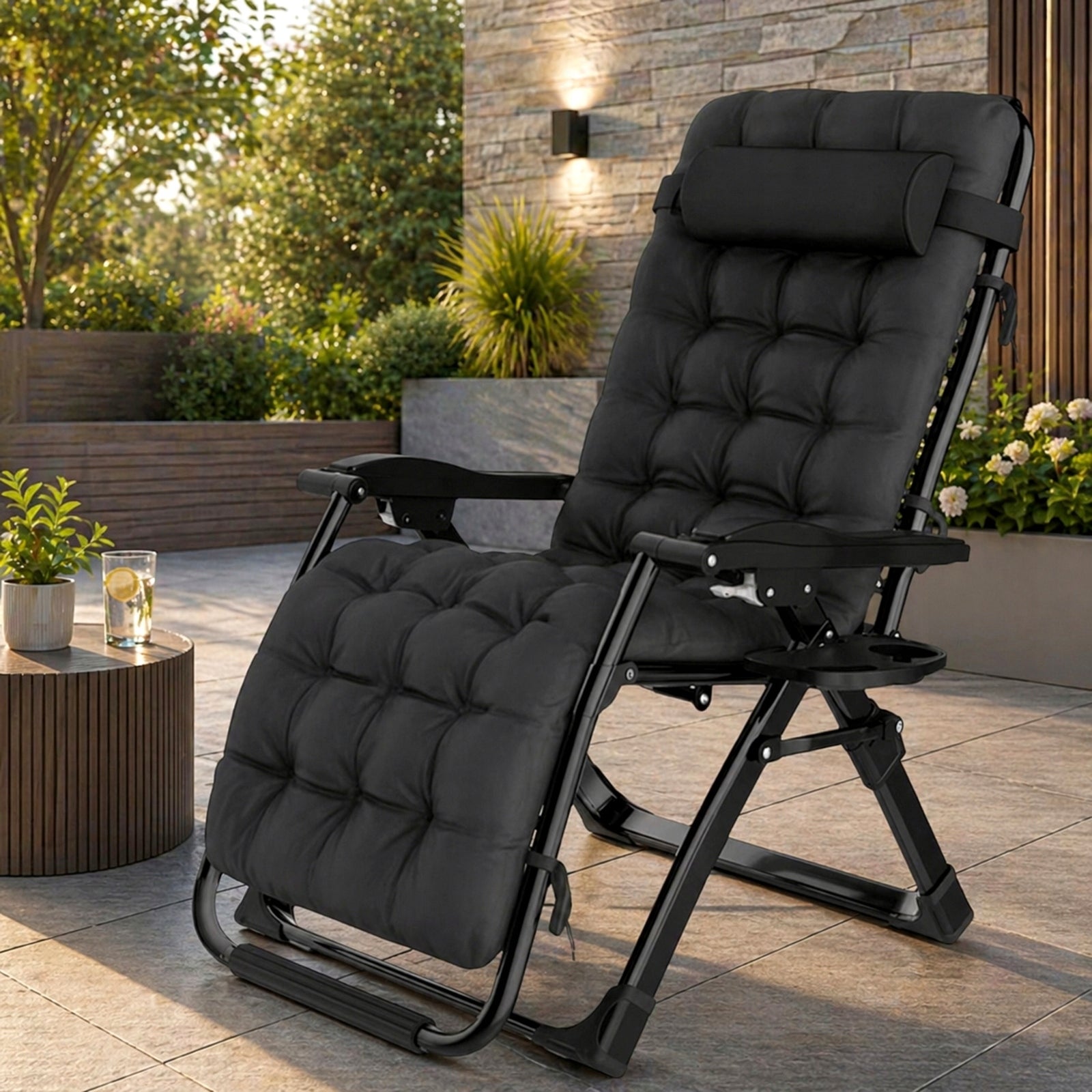 SUN LOUNGER GARDEN BEACH CHAIR FOLDING WITH CUSHION GRILL CAMPING CHAIR Packaging status original