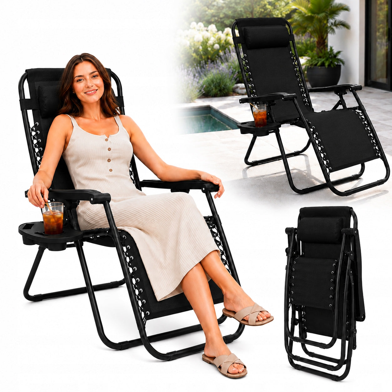 SUN LOUNGER GARDEN CHAIR BEACH FOLDING PATIO CHAIR WITH HANDLE STAND