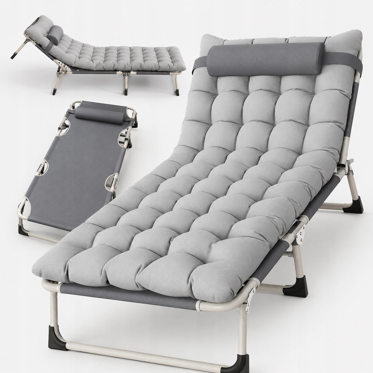 SUN LOUNGER GARDEN FIELD BED FOLDING PREMIUM ADJUSTABLE BEACH Manufacturer code ŁÓŻKO TURYSTYCZNE LEŻAK PLAŻOWY SZARY MEMFLOW