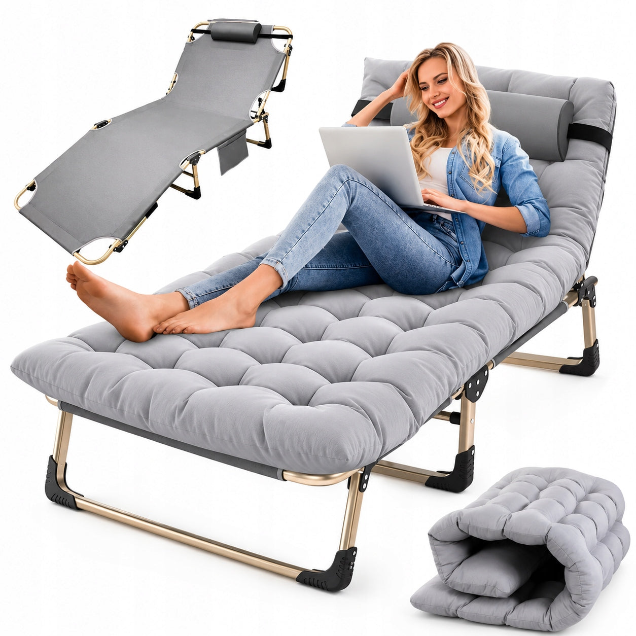 SUN LOUNGER GARDEN FIELD BED FOLDING PREMIUM ADJUSTABLE BEACH