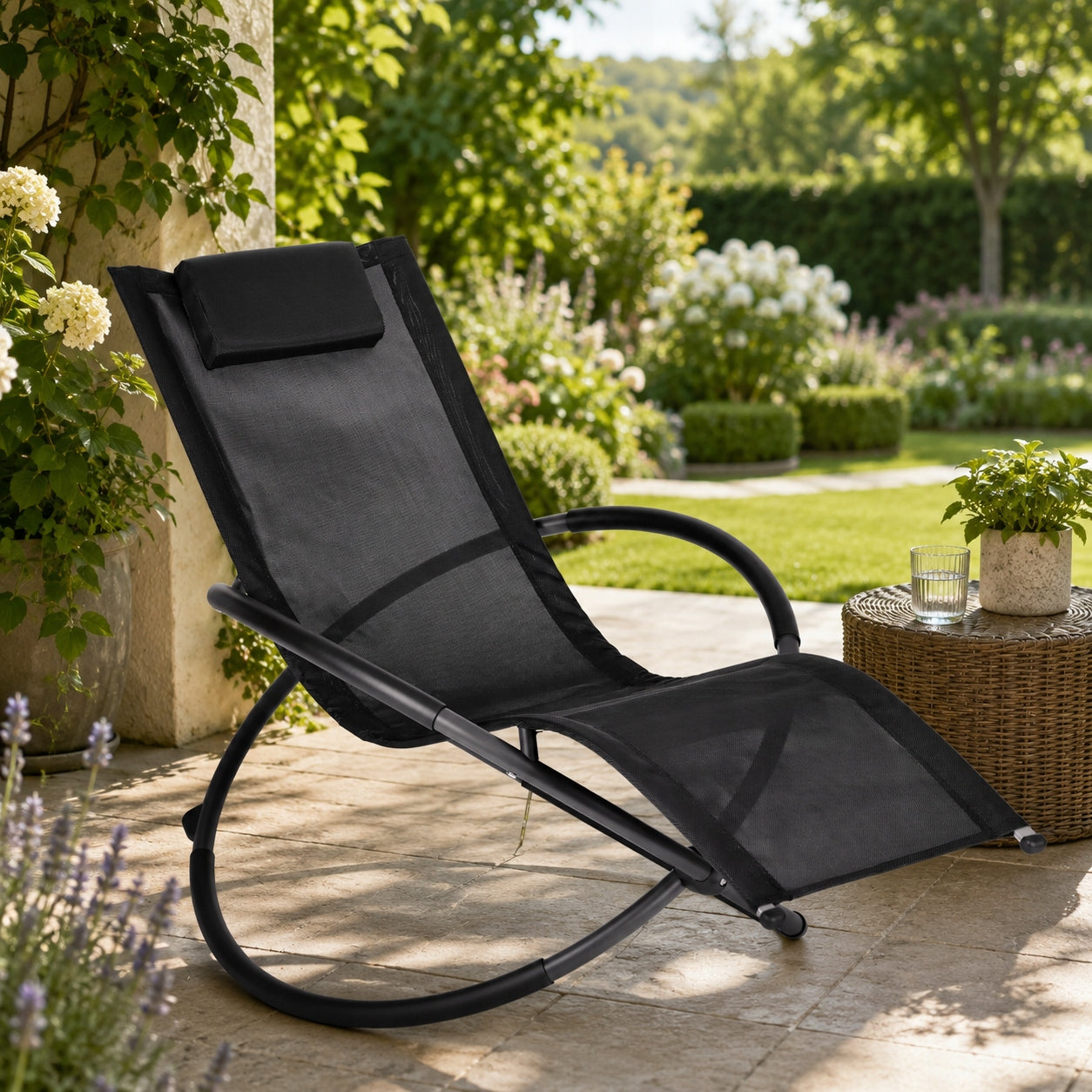 SUN LOUNGER GARDEN ROCKING CHAIR COUCH ZERO GRAVITY BLACK ALUMINUM HEADREST Packaging status original