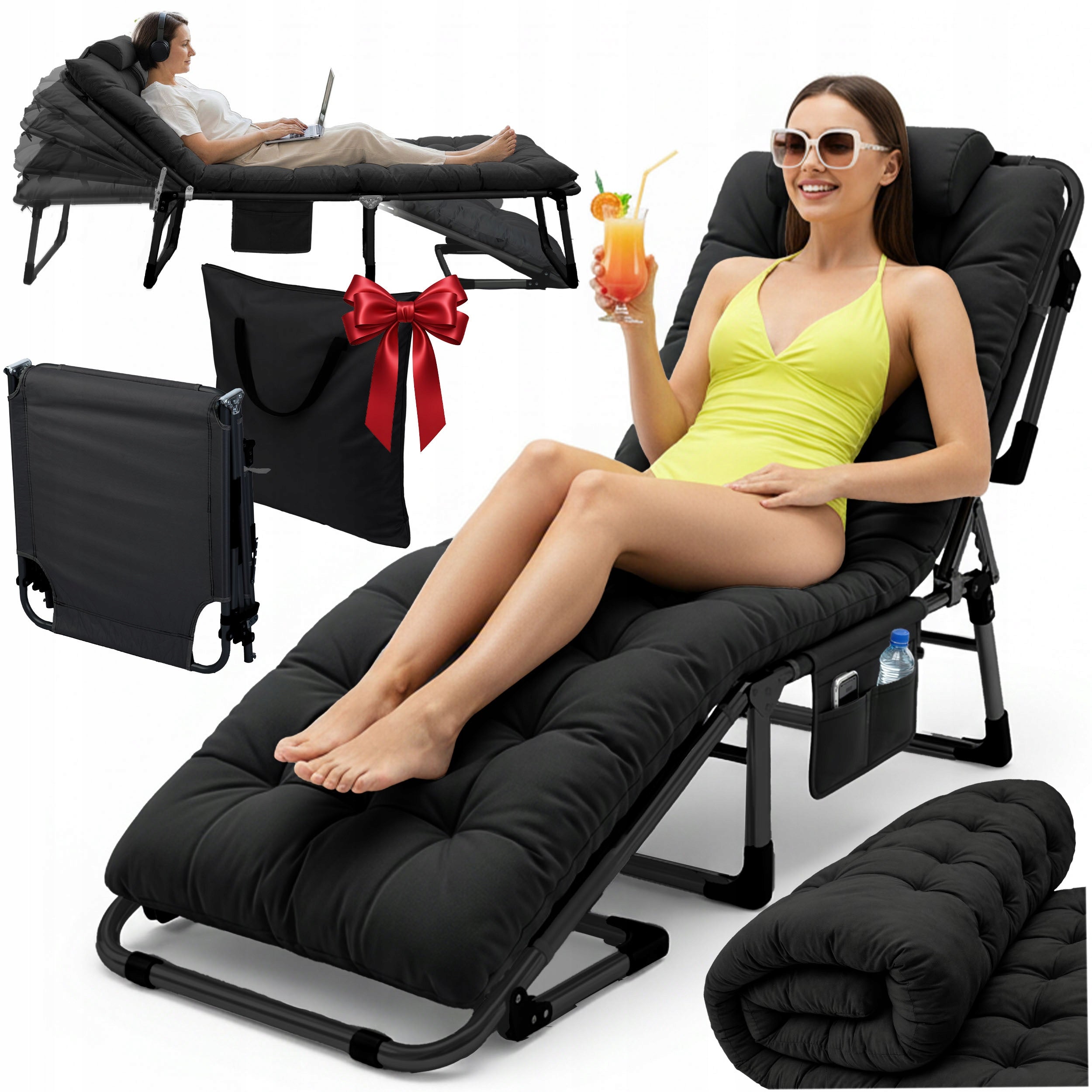 SUN LOUNGER GARDEN TRAVEL BED FOLDING + MATTRESS + PILLOW + COVER