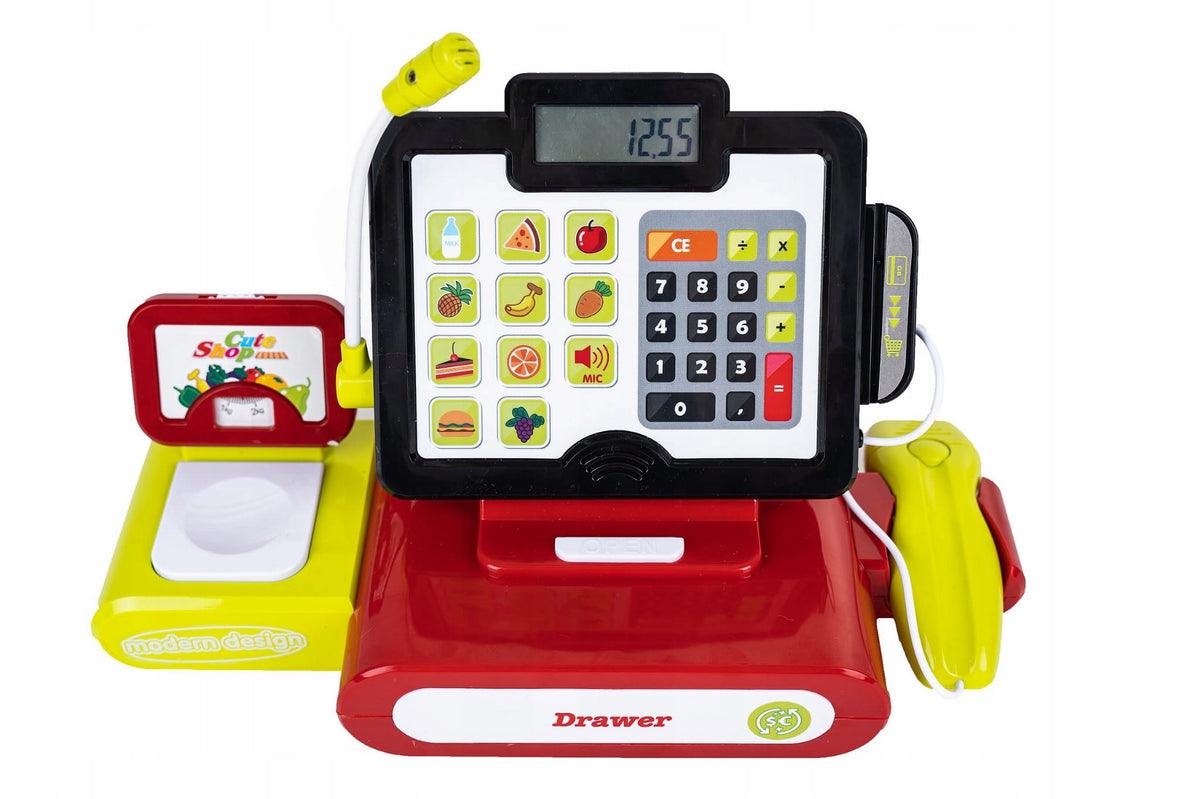 SUPERMARKET CASH REGISTER WITH MICROPHONE INTERACTIVE CALCULATOR SCALE SCANNER Packaging status original