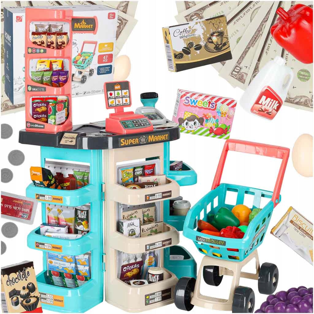 SUPERMARKET GROCERY STORE WITH EQUIPMENT CASH REGISTER + MINT TROLLEY
