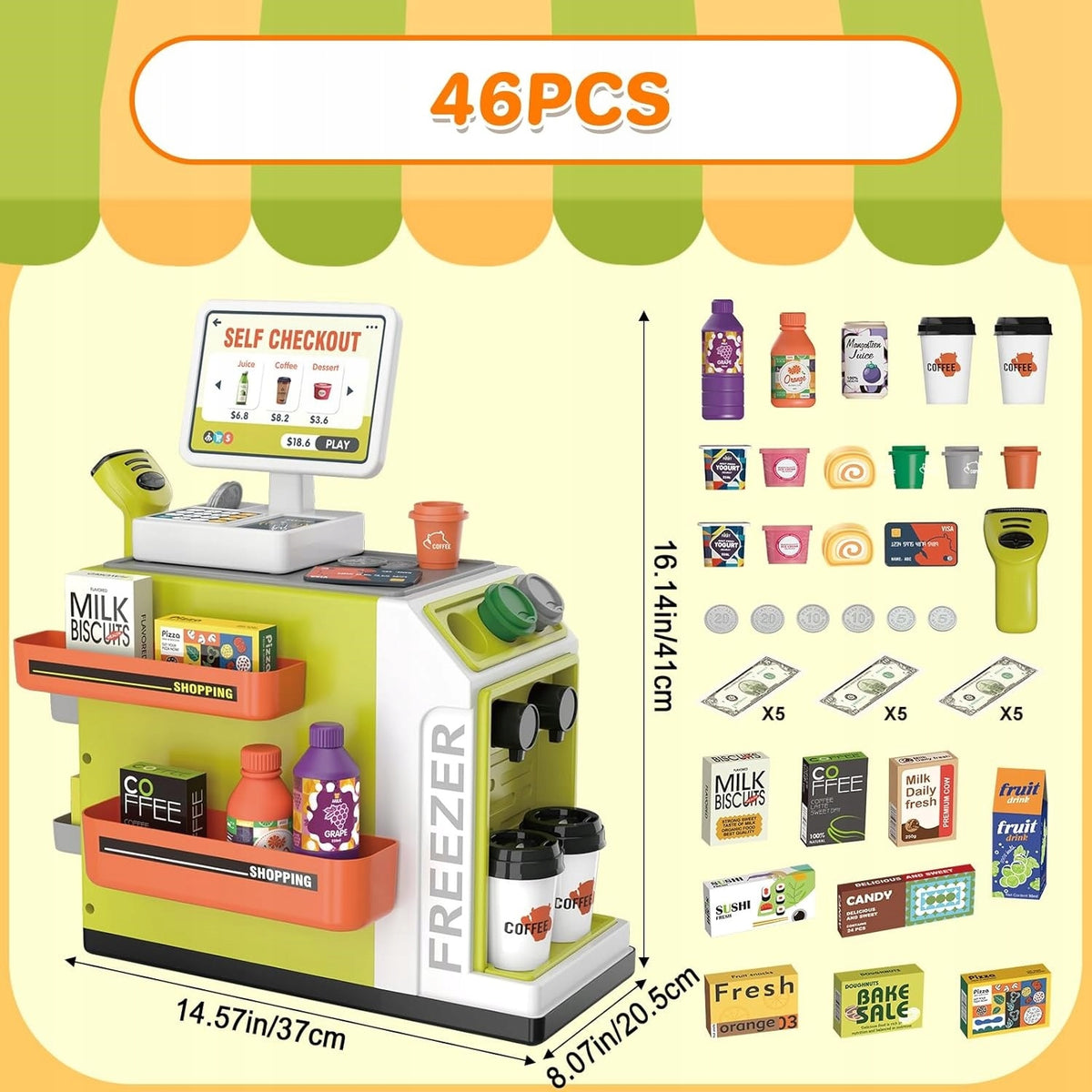 SUPERMARKET SHOP FOR CHILDREN CAFE STROLLER TOY INTERACTIVE CASH REGISTER Color green