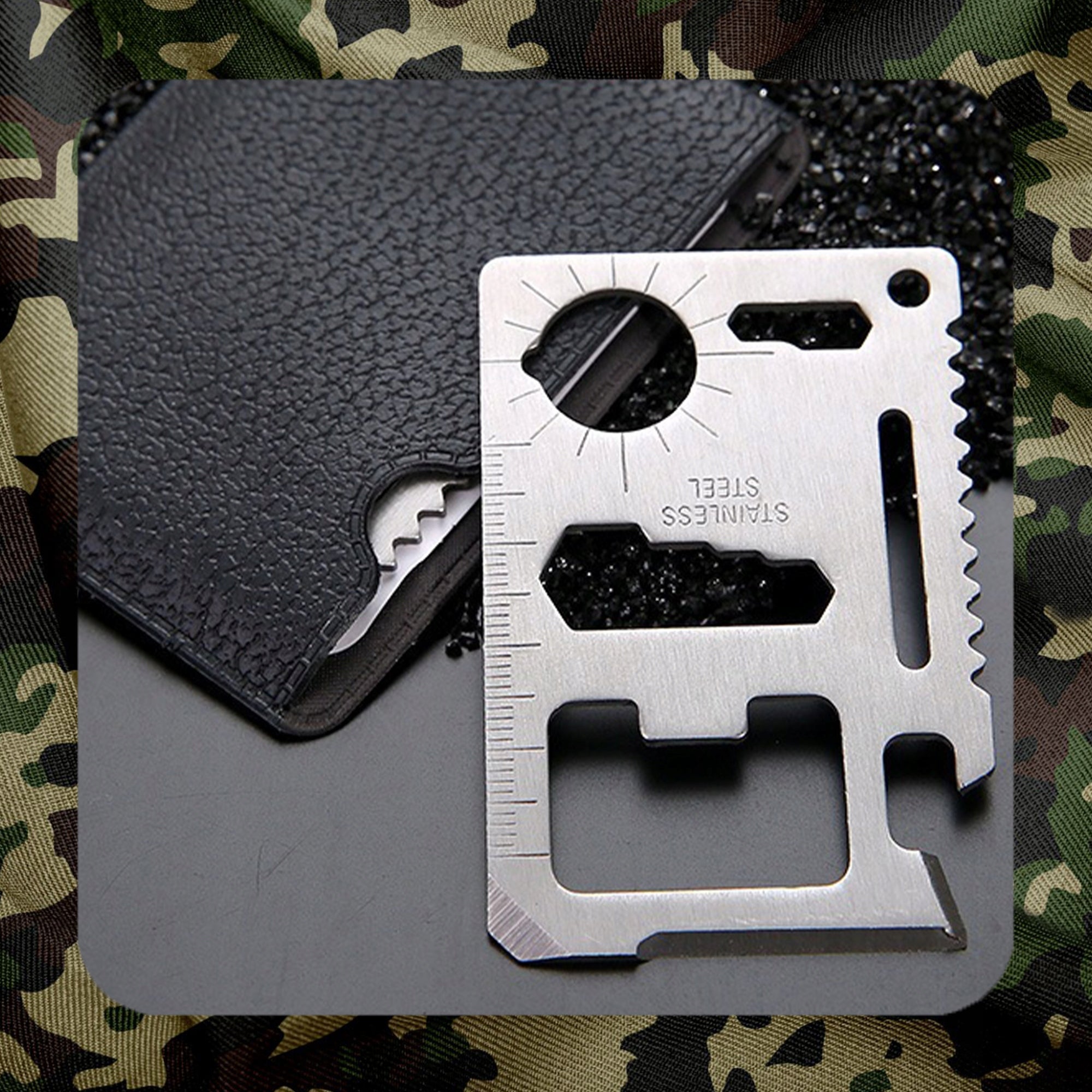 SURVIVAL SET SURVIVAL 18 EL MULTI-TOOL Tools pen multifunction hook fire striker measure sharpener blade bottle opener can opener crate opener saw cold chisel fish scraper Phillips screwdriver flathead screwdriver window breaker