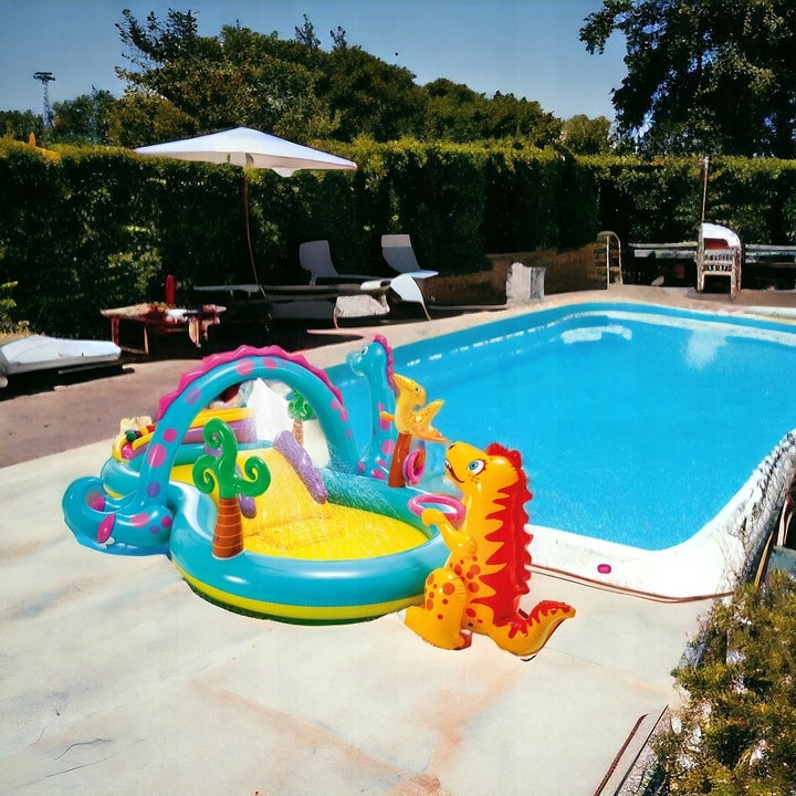 SWIMMING POOL INFLATABLE ROUND PLAYGROUND + SLIDE LARGE FOR CHILDREN DINOSAURS Brand Intex