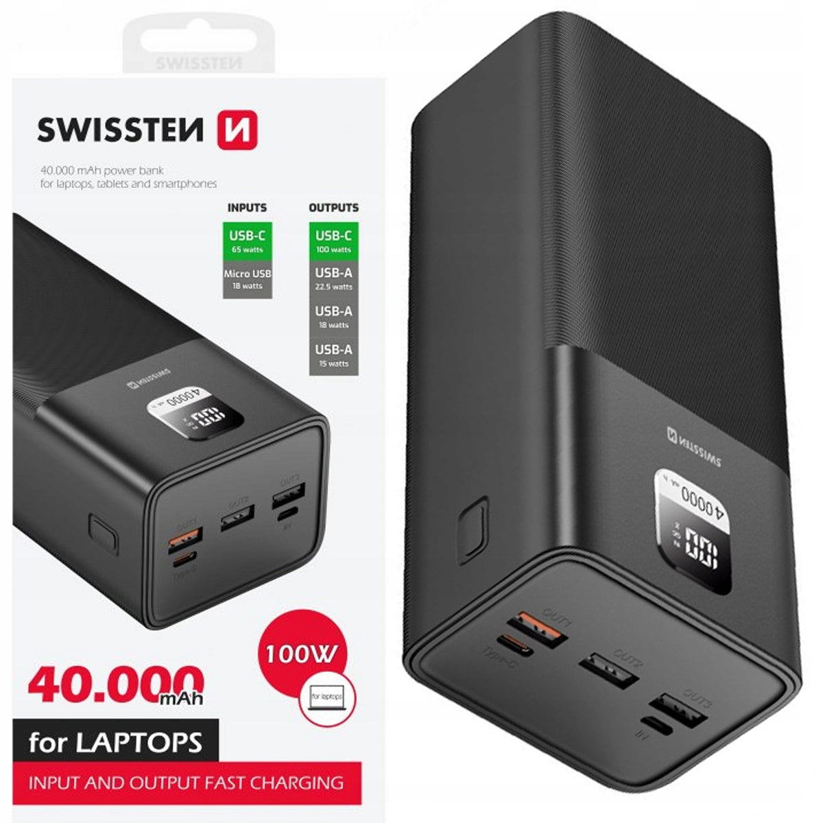 SWISSTEN Powerbank 40000 mAh 3x USB-A USB-C 100W powerful FOR LAPTOP