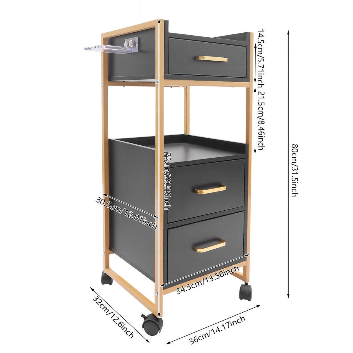 Salon Storage Cart Barber Trolley Barber Shop Tool Cabinet with 3-Drawer Packaging status original