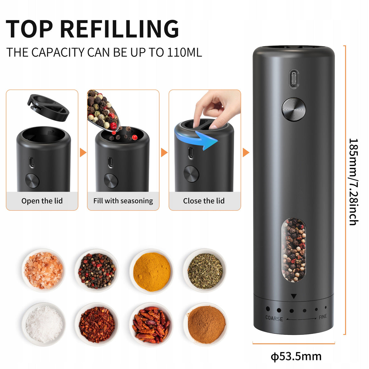 Salt Pepper Grinder Cordless Adjustable Set of 2 with Stand Packaging status original
