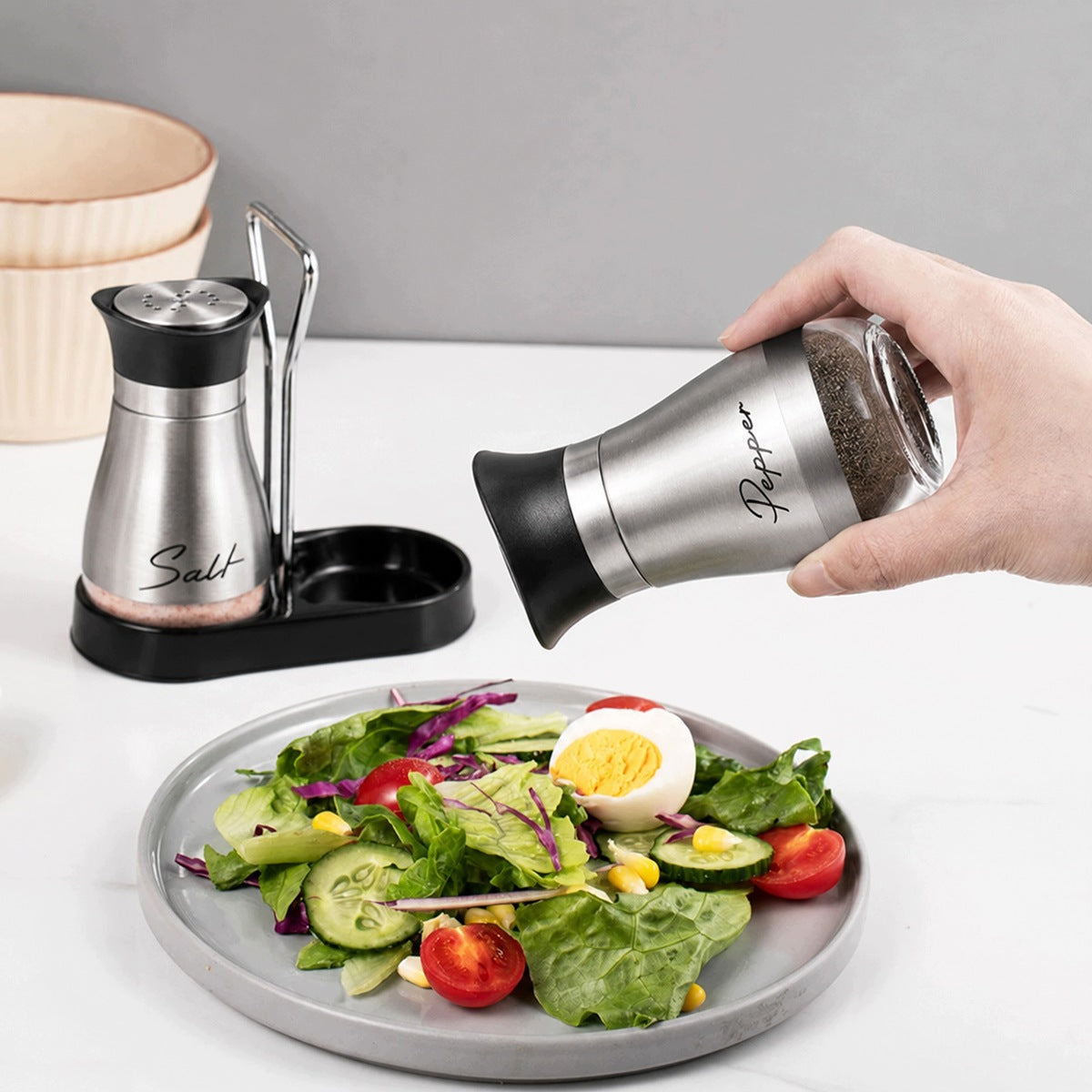 Salt and Pepper shaker Glass set with stand Silver for kitchen Manufacturer code salt-pepper-set-silver