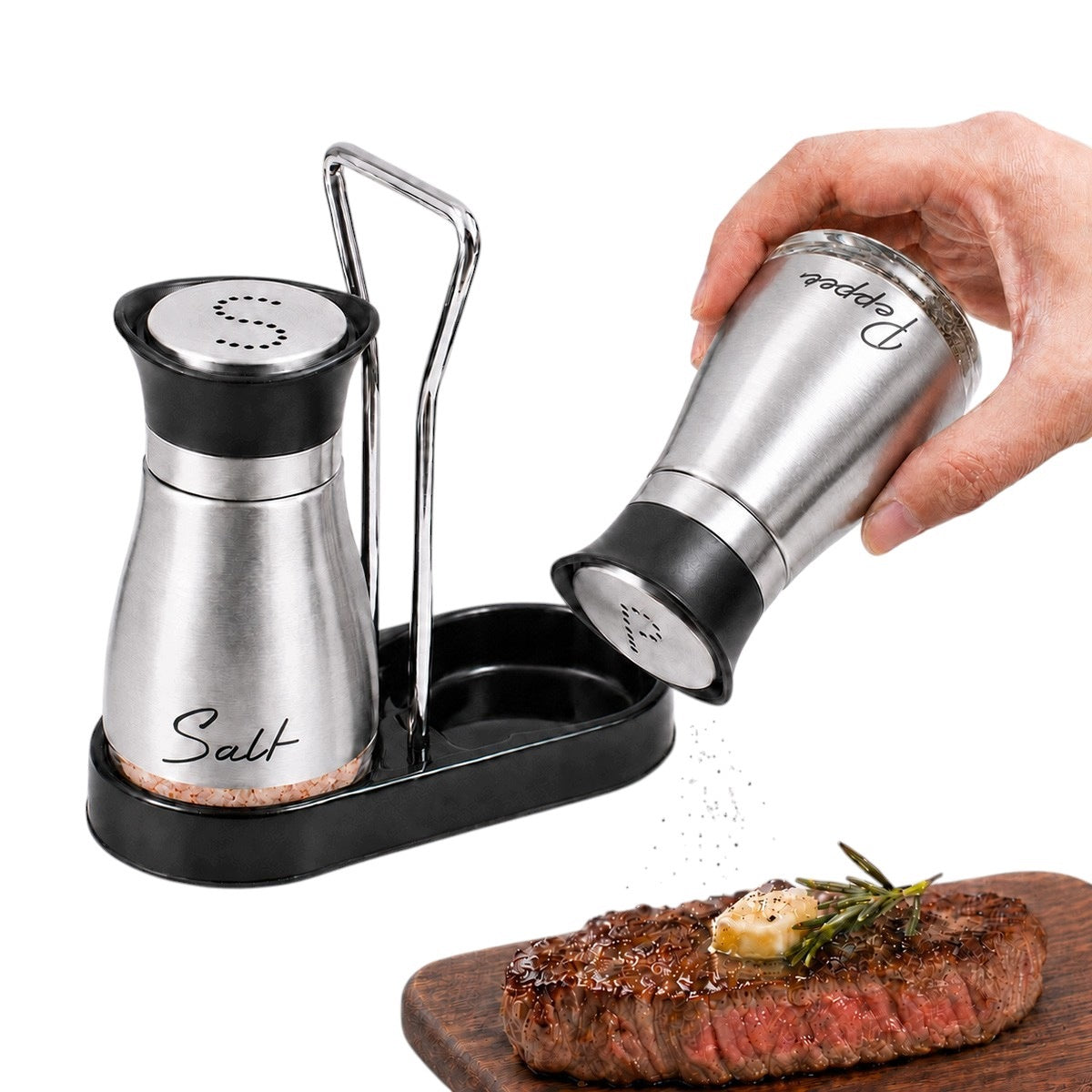 Salt and Pepper shaker Glass set with stand Silver for kitchen