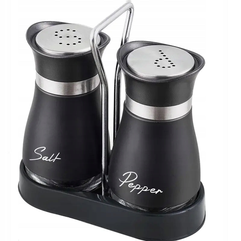 Salt and pepper shaker glass set with stand black mat
