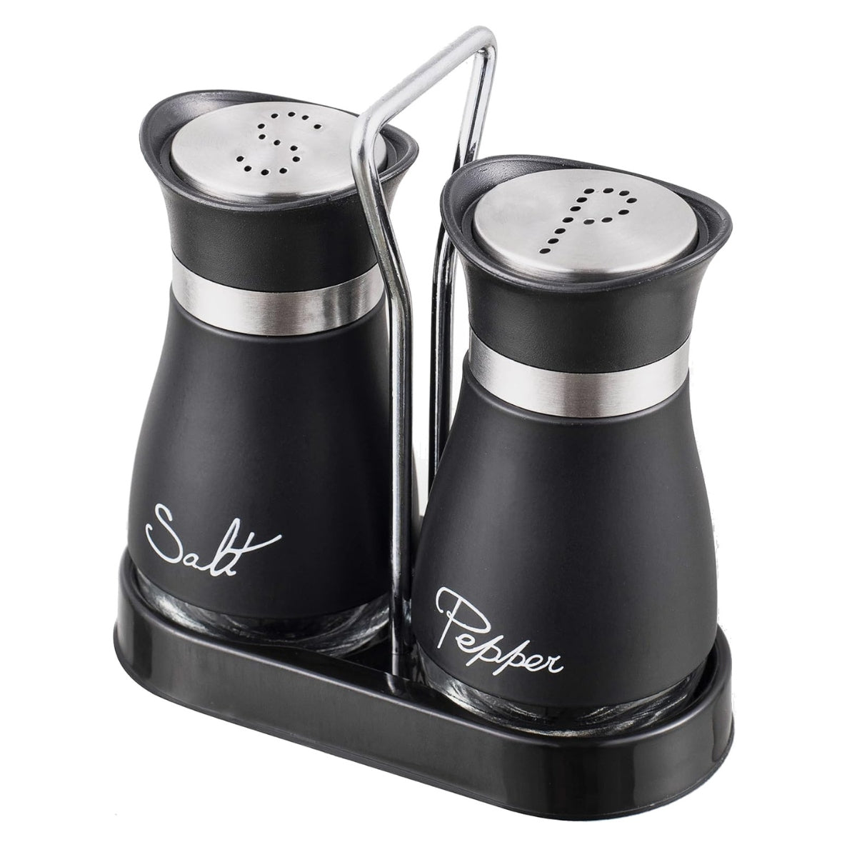 Salt and pepper shaker set black glass with stand stainless steel