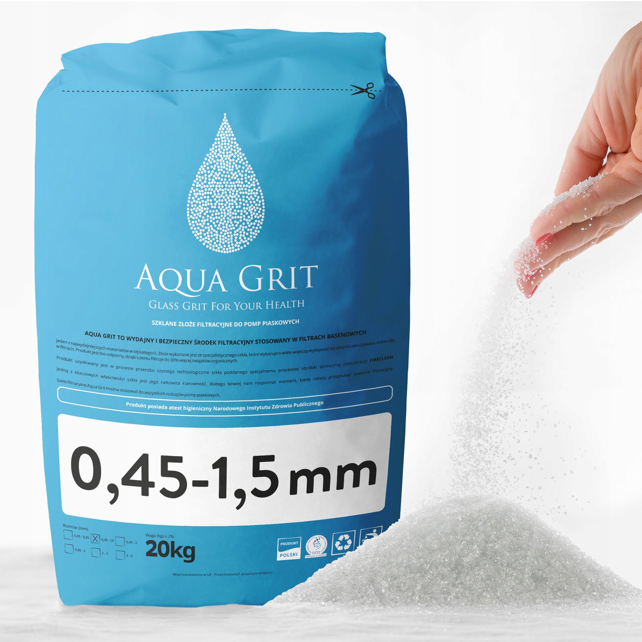 Sand 0,45-1,5 mm for pump, quartz glass Aqua Grit 20kg