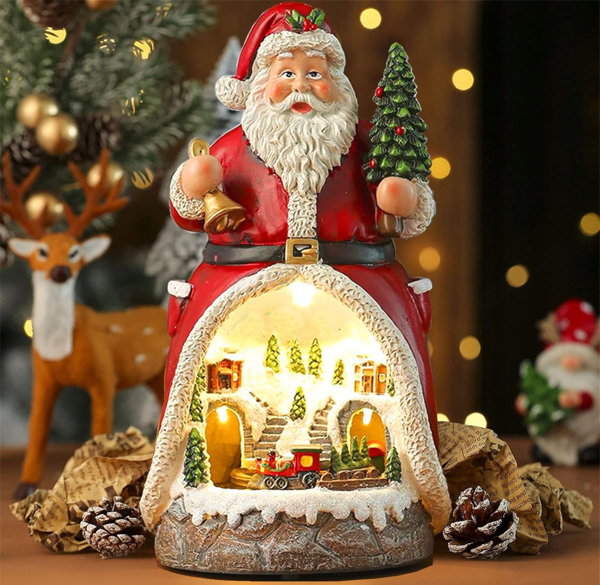 Santa Claus figurine with moving train LED lights music
