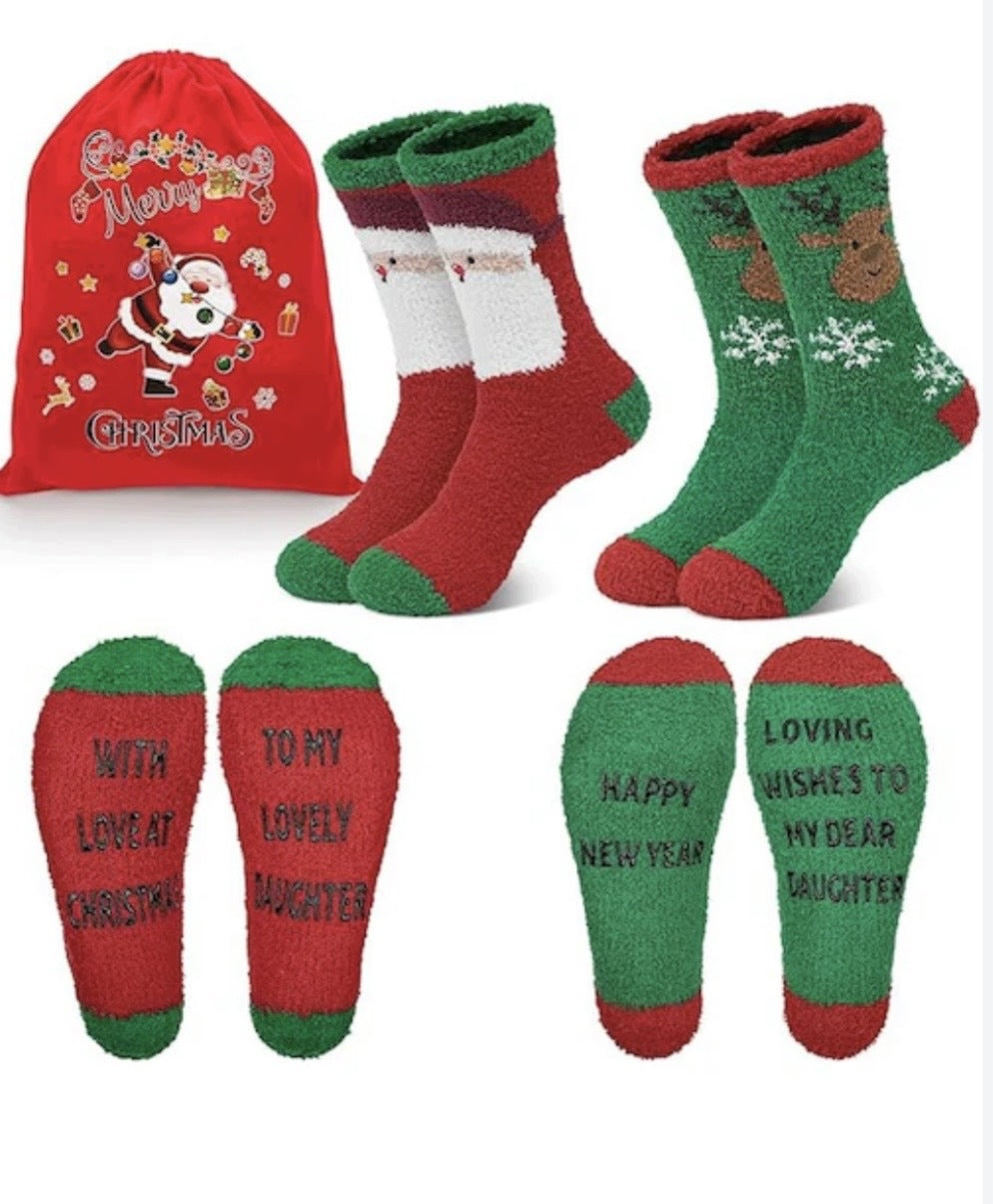 Santa Socks Christmas Non-Slip 2 Pairs Santa Reindeer Gift