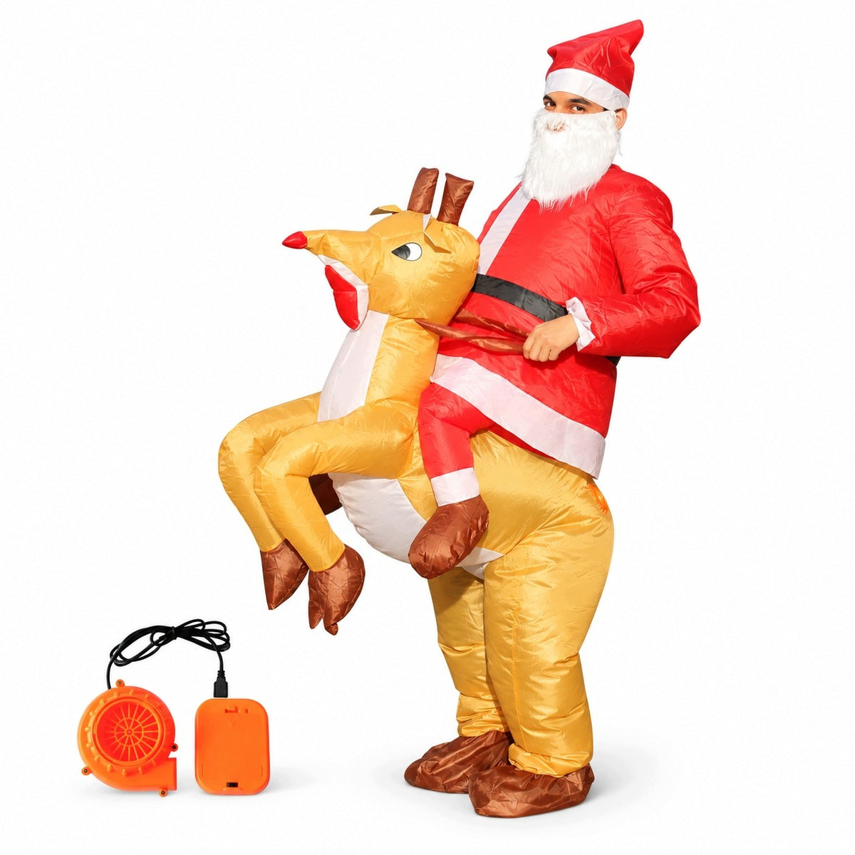 Santa costume on reindeer inflatable Christmas