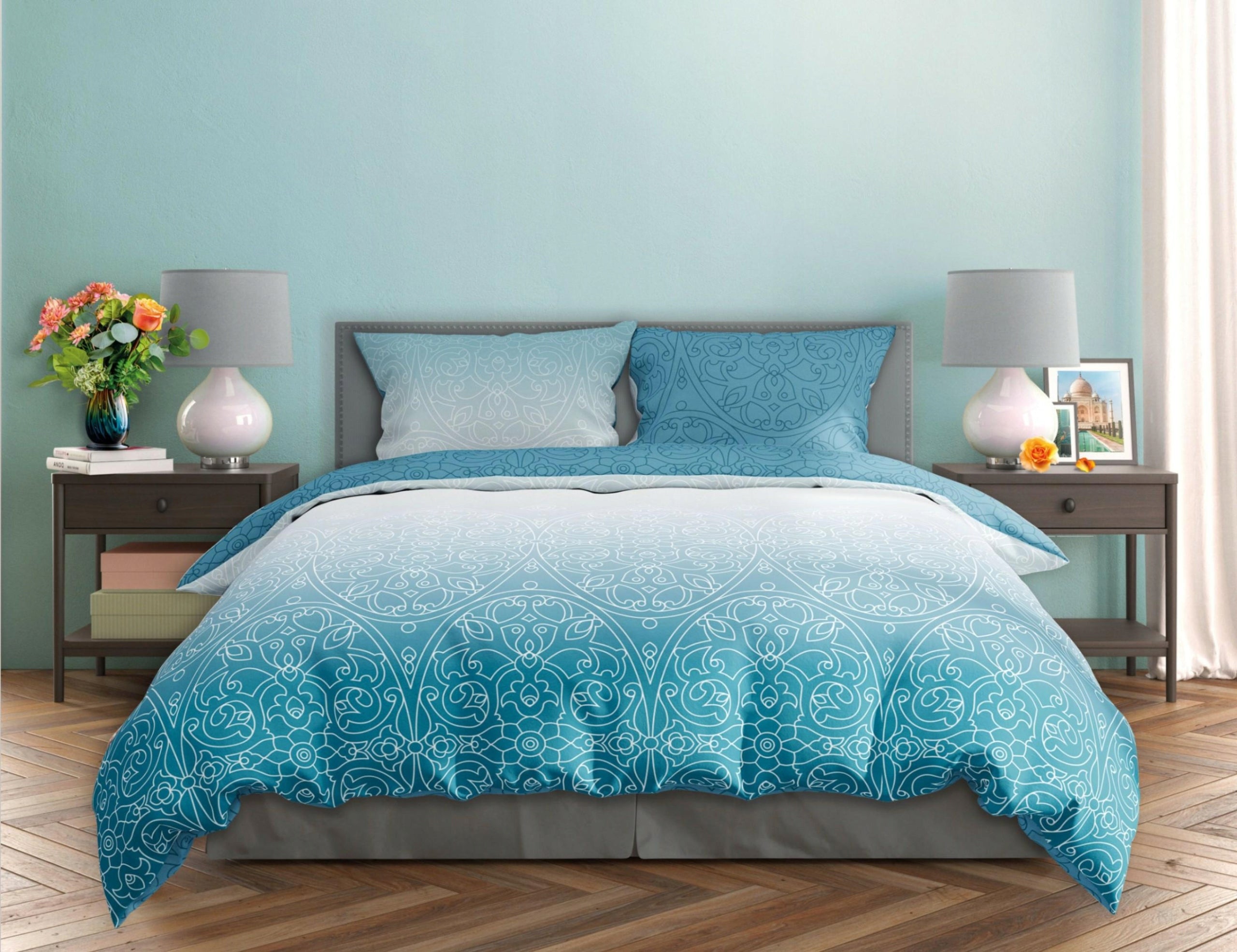 Satin bedding 140x200 Milagro Verde blue ornaments with pillowcase Faro Packaging status original