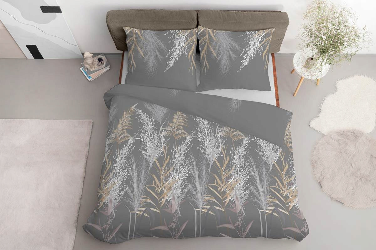 Satin bedding 160x200 grey dark white beige stem leaves Home Satin Brand Detexpol