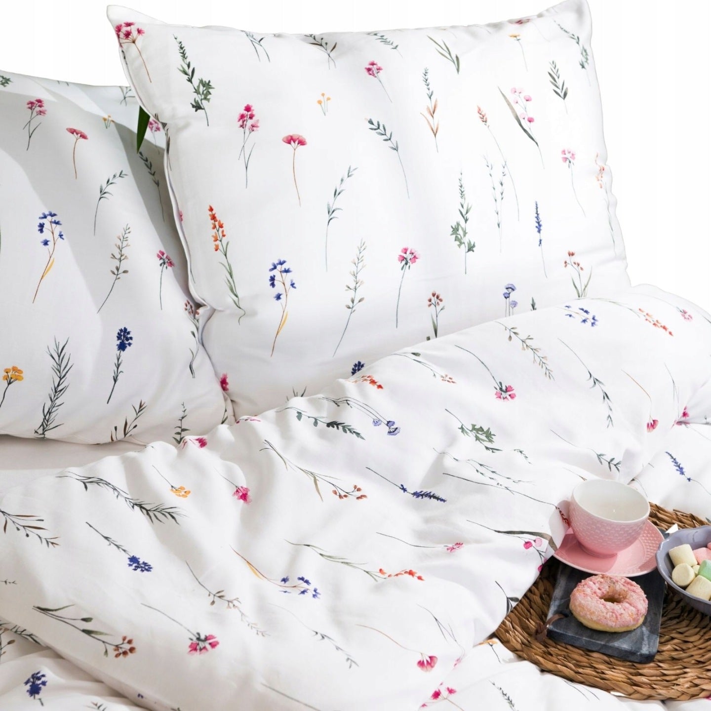 Satin cotton bedding 160x200 field flowers white OEKO-TEX zipper
