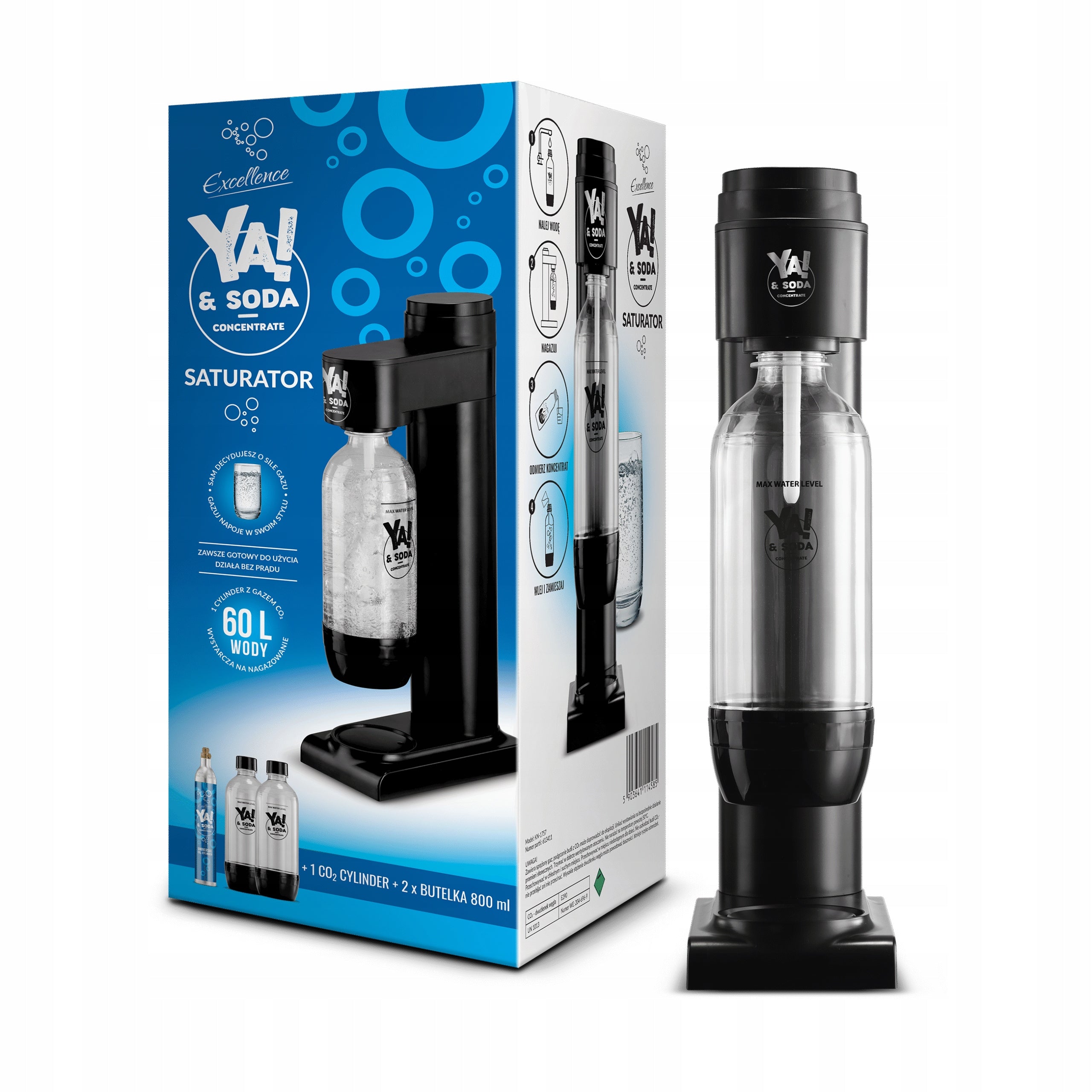 Saturator Ya!&Soda Black SET – 2 bottles + CO2 cartridge | Up to 60L of water Packaging status original