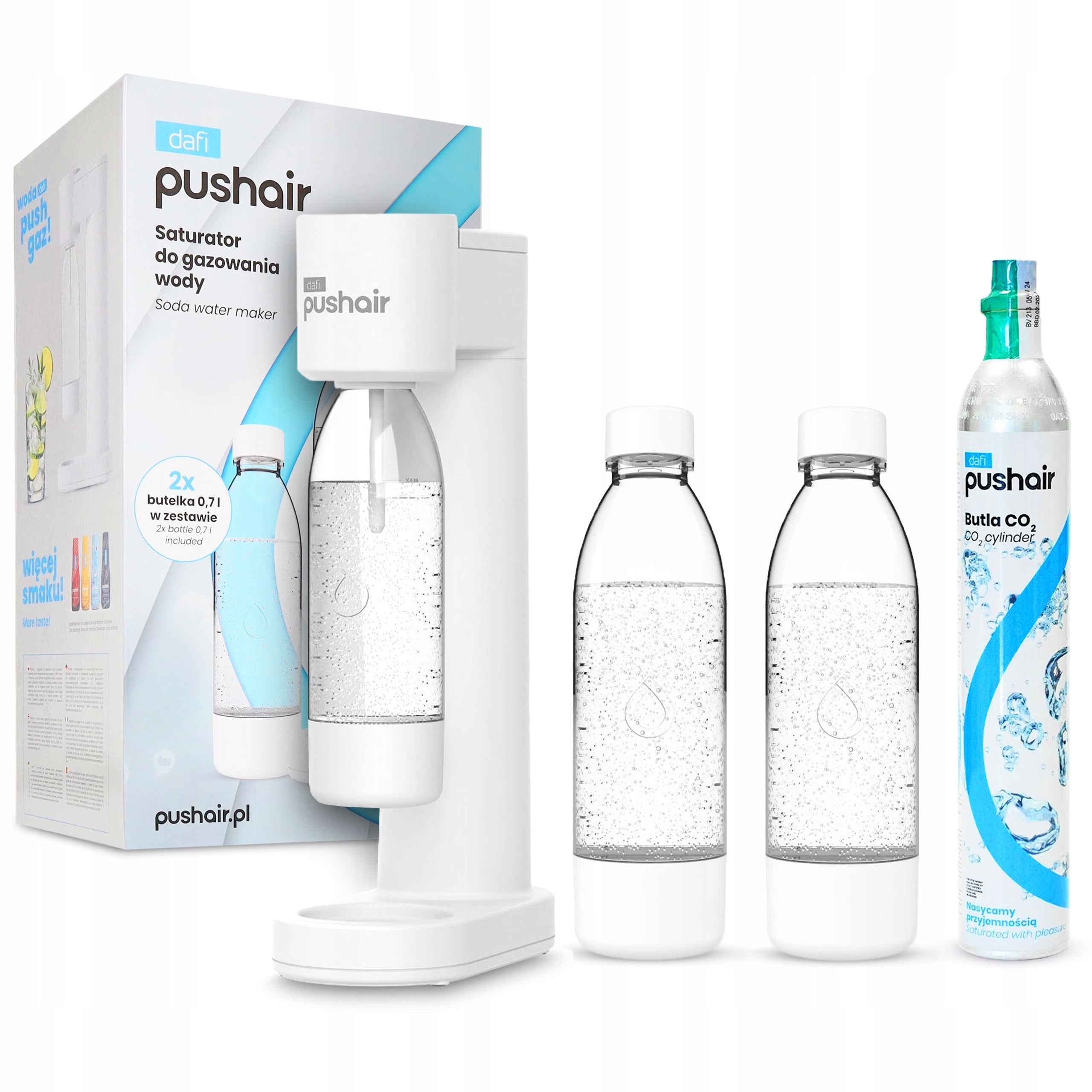 Saturator for water Dafi PushAir + 2 x bottle 0,7 L + CO2 cartridge set white