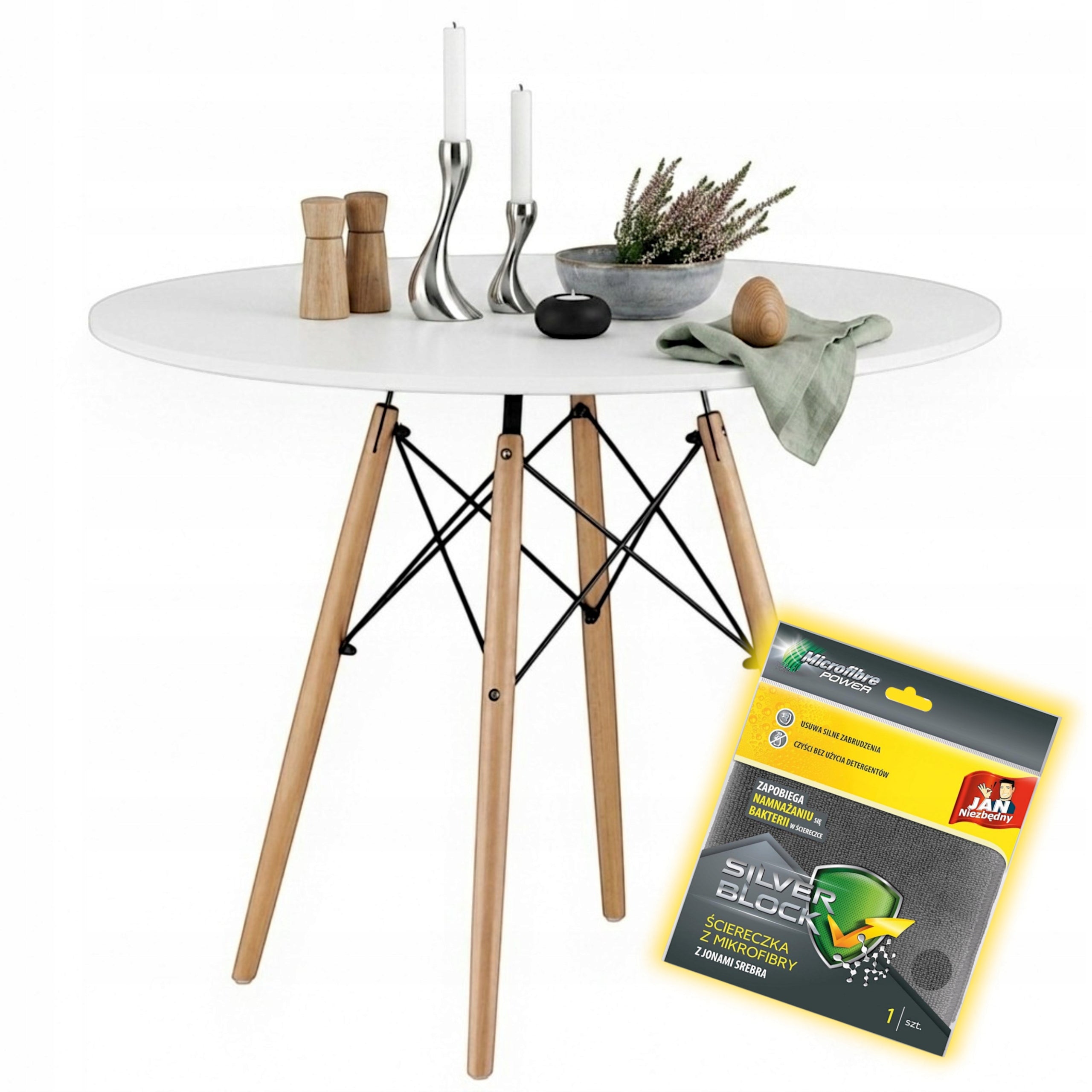 Scandinavian Round White Table 80cm For Kitchen Living Room + CLOTH