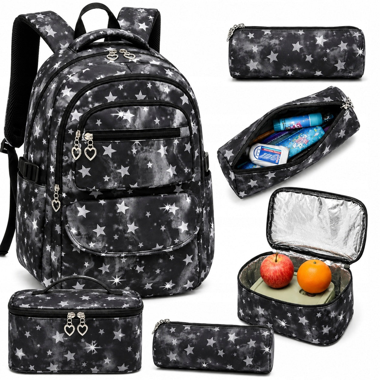 School Backpack Black + Pencil Case Thermal Breakfast Bag Set