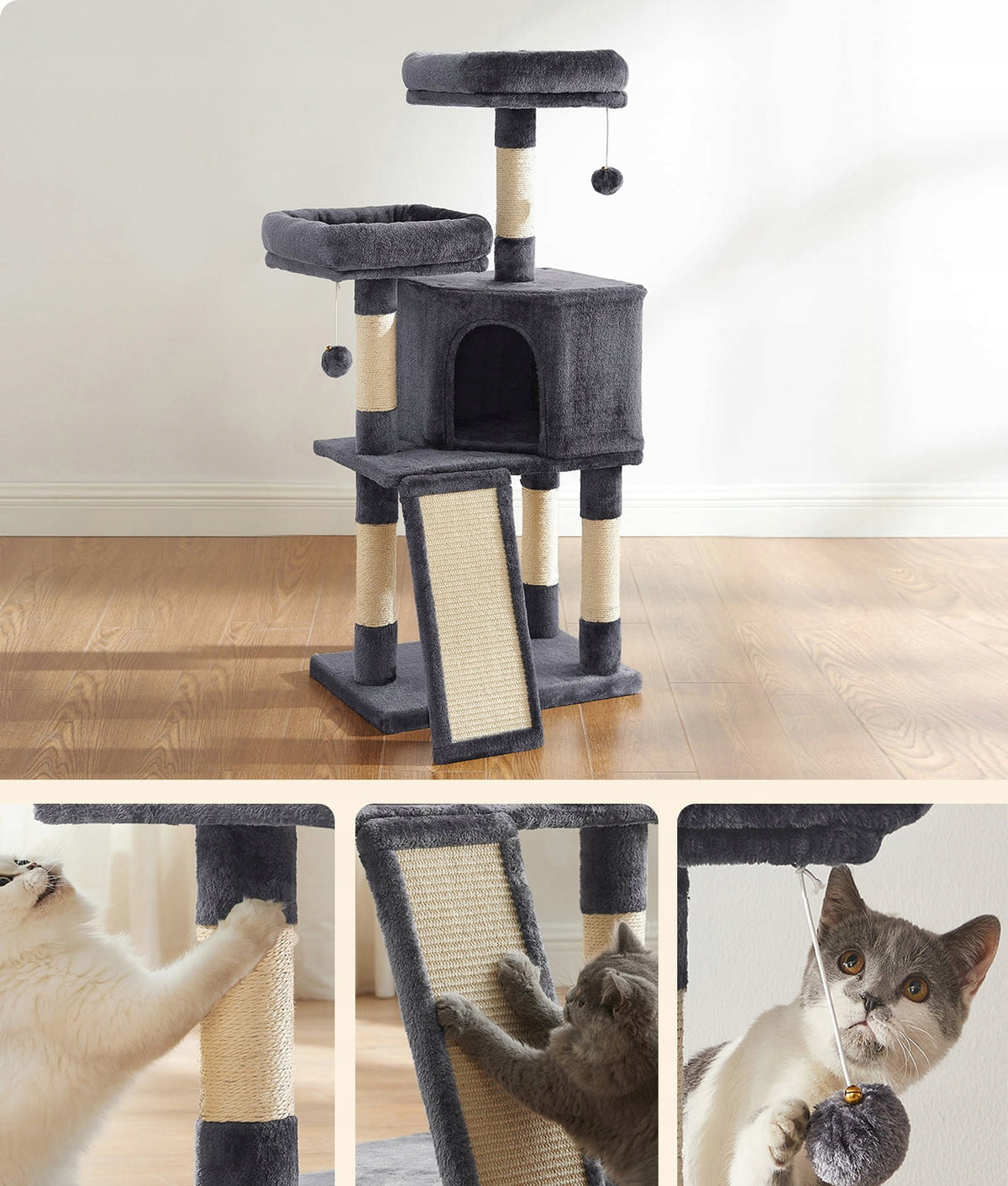 Scratcher tower with bed 5 levels grey sisal 115 cm 50x35 for cat Brand Feandrea