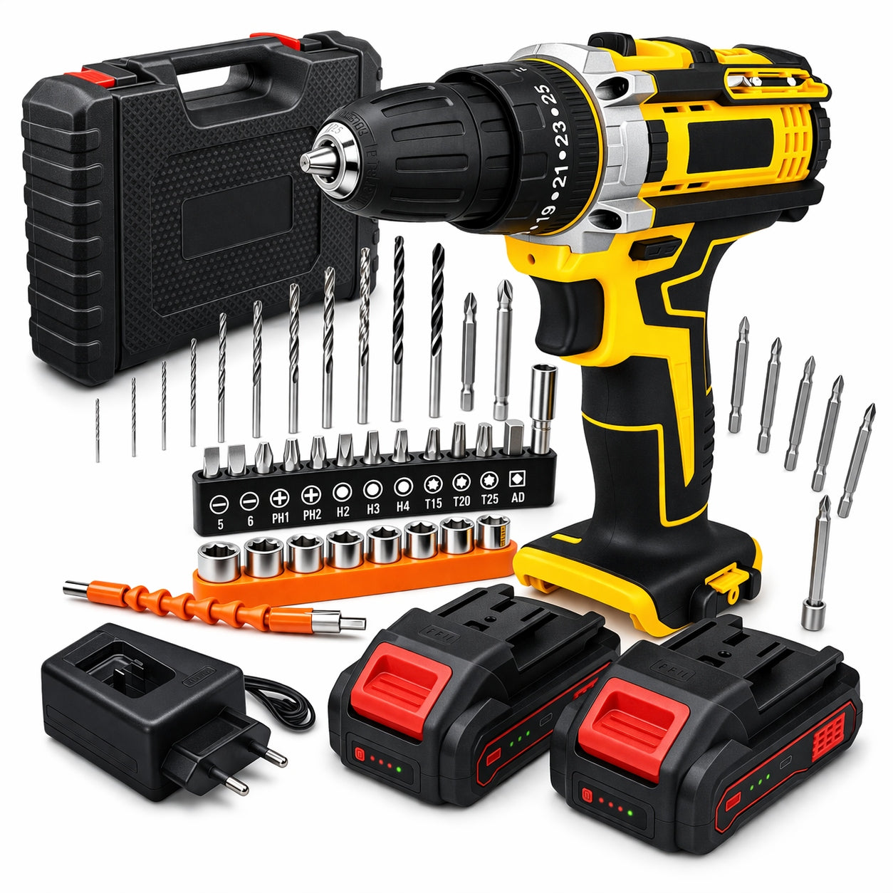 Screwdriver Cordless DRILL 21,6V YELLOW Suitcase + 2x AKU 21V Strong