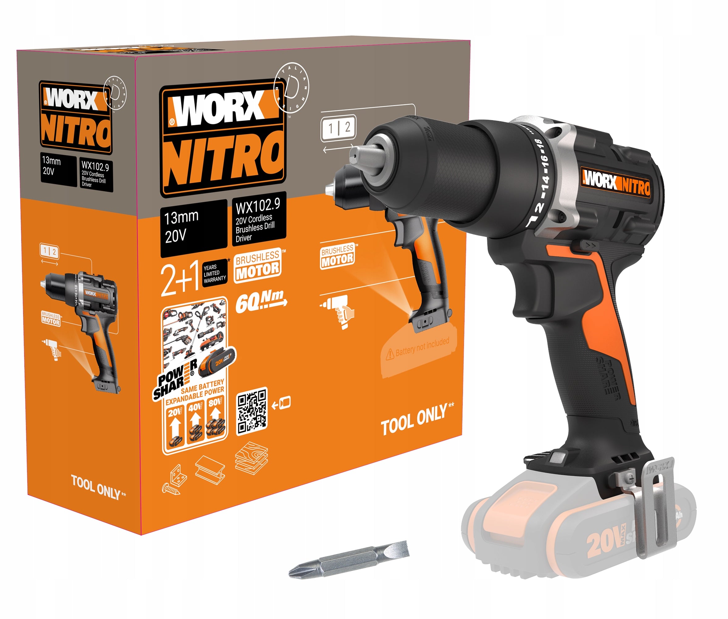 Screwdriver WORX WX102.9 60Nm 13mm Brushless 20V NITRO PowerShare