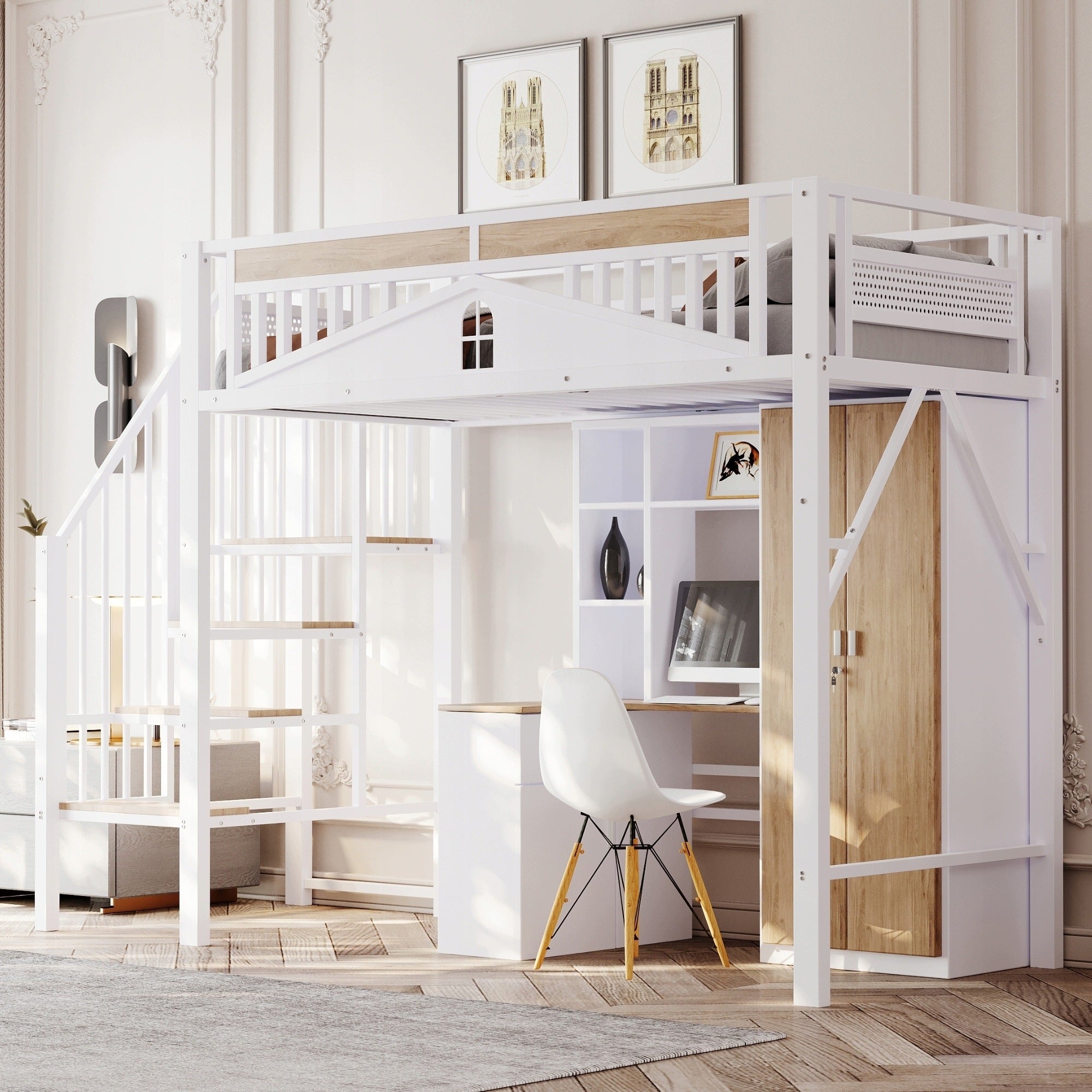 Secure Metal Loft Bed 90x200 cm in White with Space Beneath for Storage