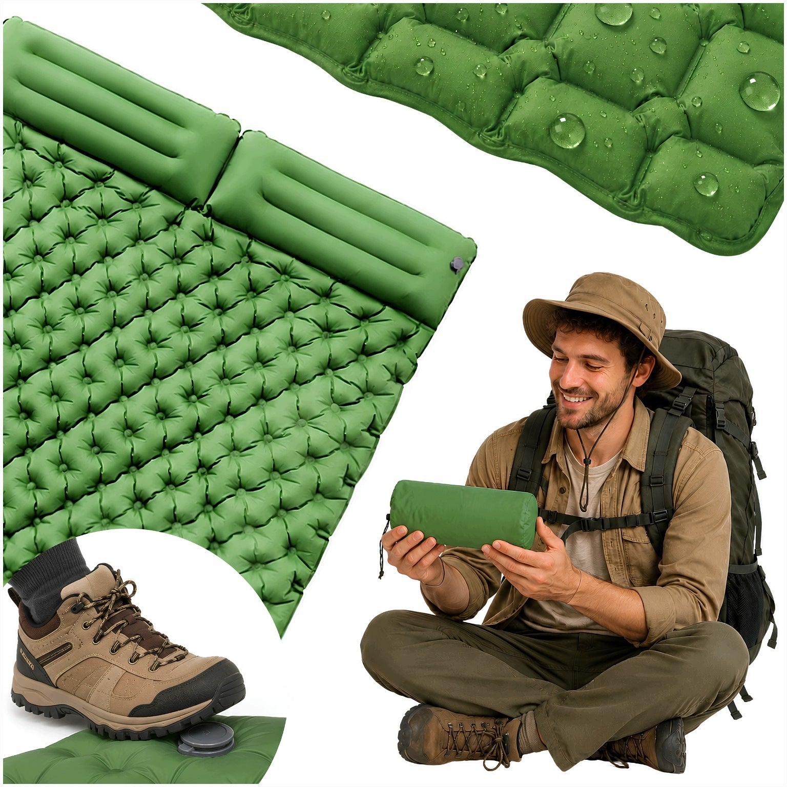Self-inflating mattress tourist double green built-in pump bed