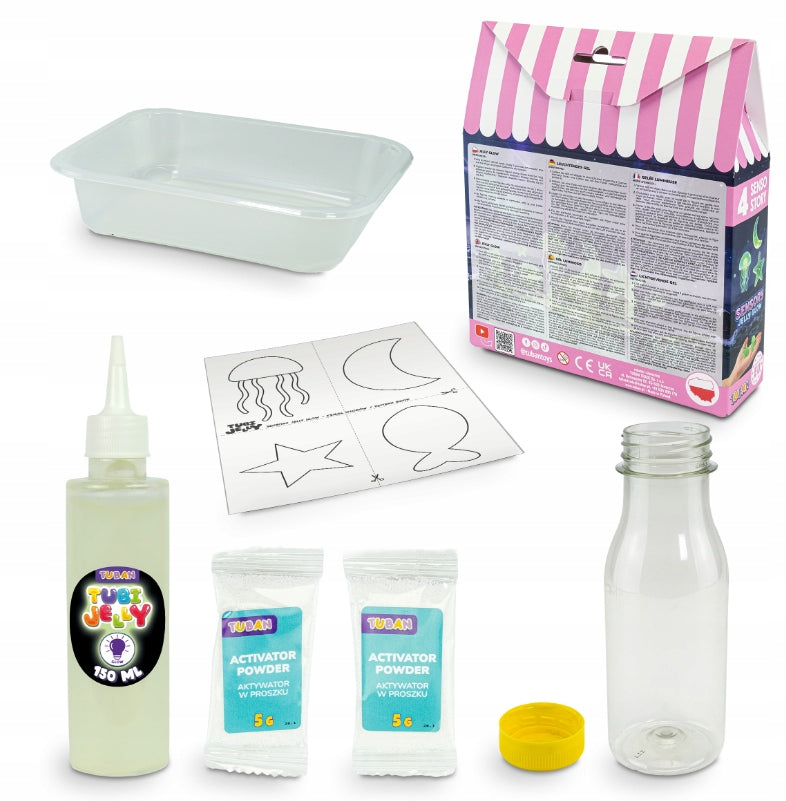 Senso Story. Sensory bottle with gel figurines glowing at night Packaging status original