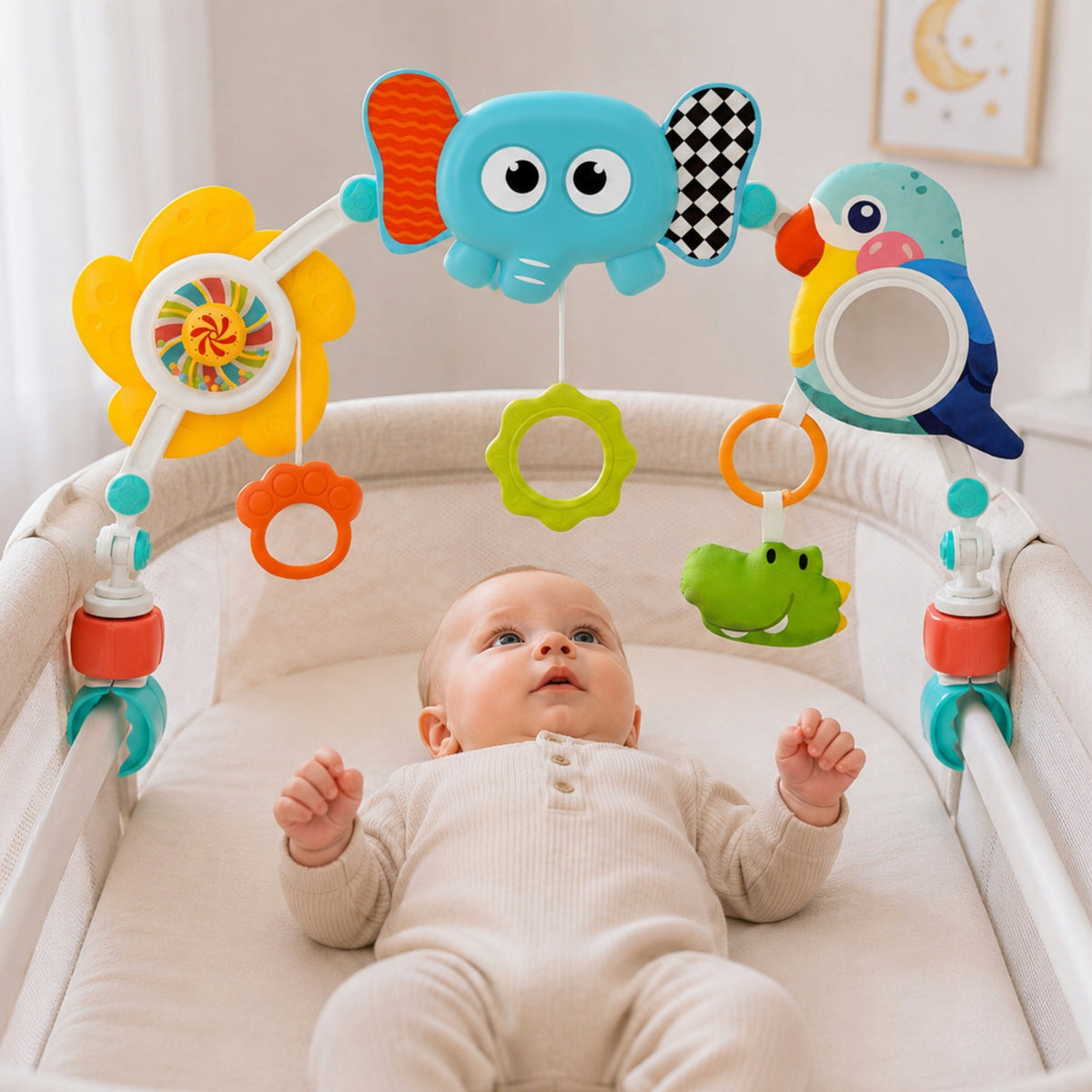 Sensory Bow Headband For Bed Stroller Elephant Parrot Pendants WOOPIE BABY Kind toy bars